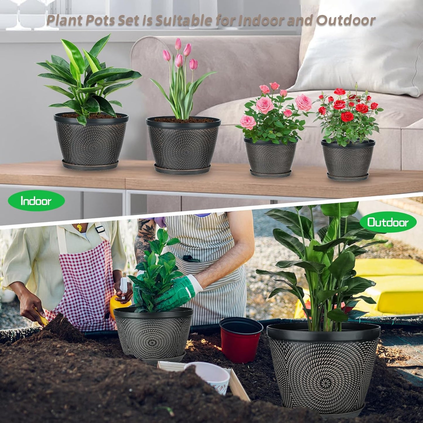 Quarut 15 Inch 4 Pack Large Plant Pots, Plastic Flower Pot for Indoor & Outdoor with Drainage Holes & Saucer, Circle Pattern Planters Garden Pots for Herbs
