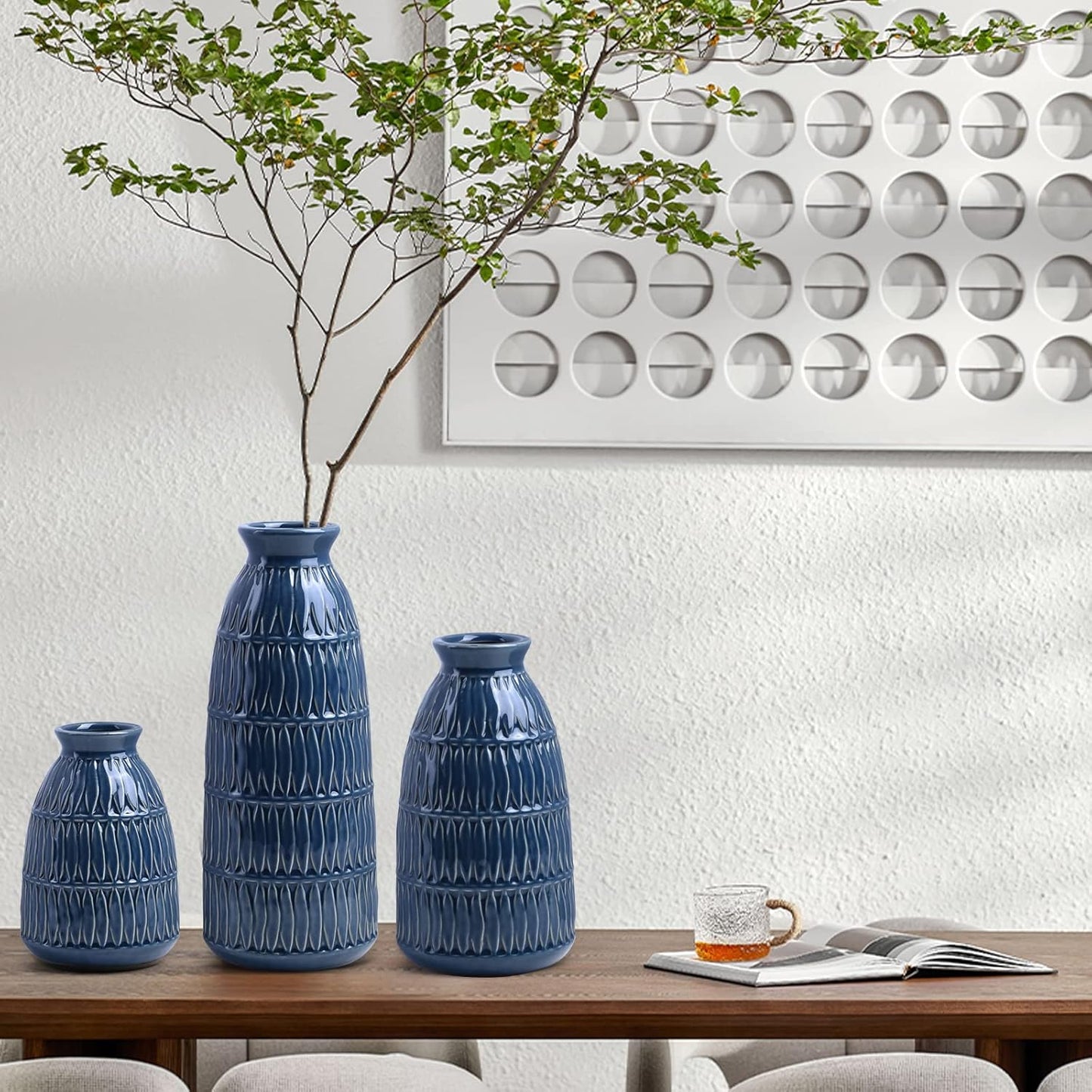 Yundu Navy Blue Ceramic Flower Vases for Home Decor Set of 3, Living Room Décor, Modern Farmhouse and Neutral Home Décor, Pmpas Grass Vase, Shelf, Mantle, Centerpieces Minimalist Décor