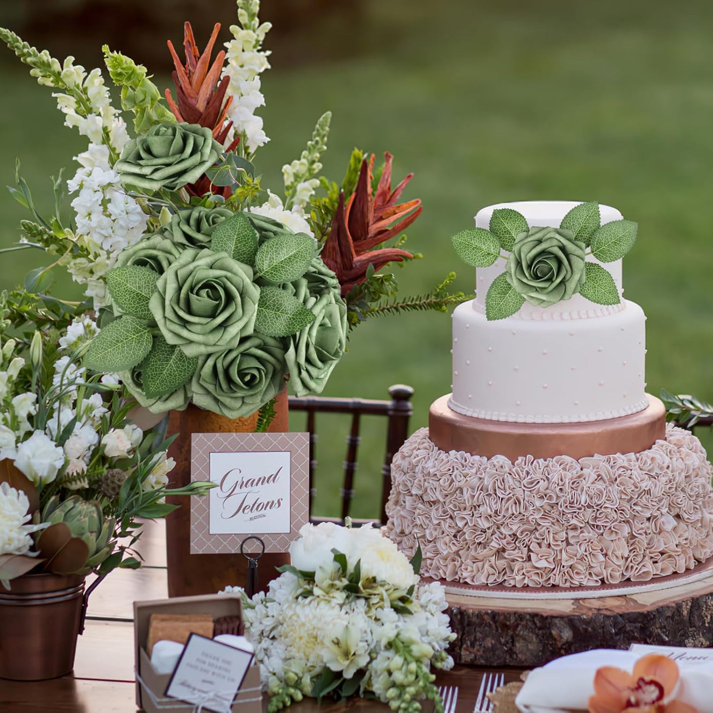 AmyHomie Artificial Flowers Green Rose 25pcs Real Looking Fake Roses w/Stem for DIY Wedding Bouquets Centerpieces Arrangements Party Baby Shower Home Decorations