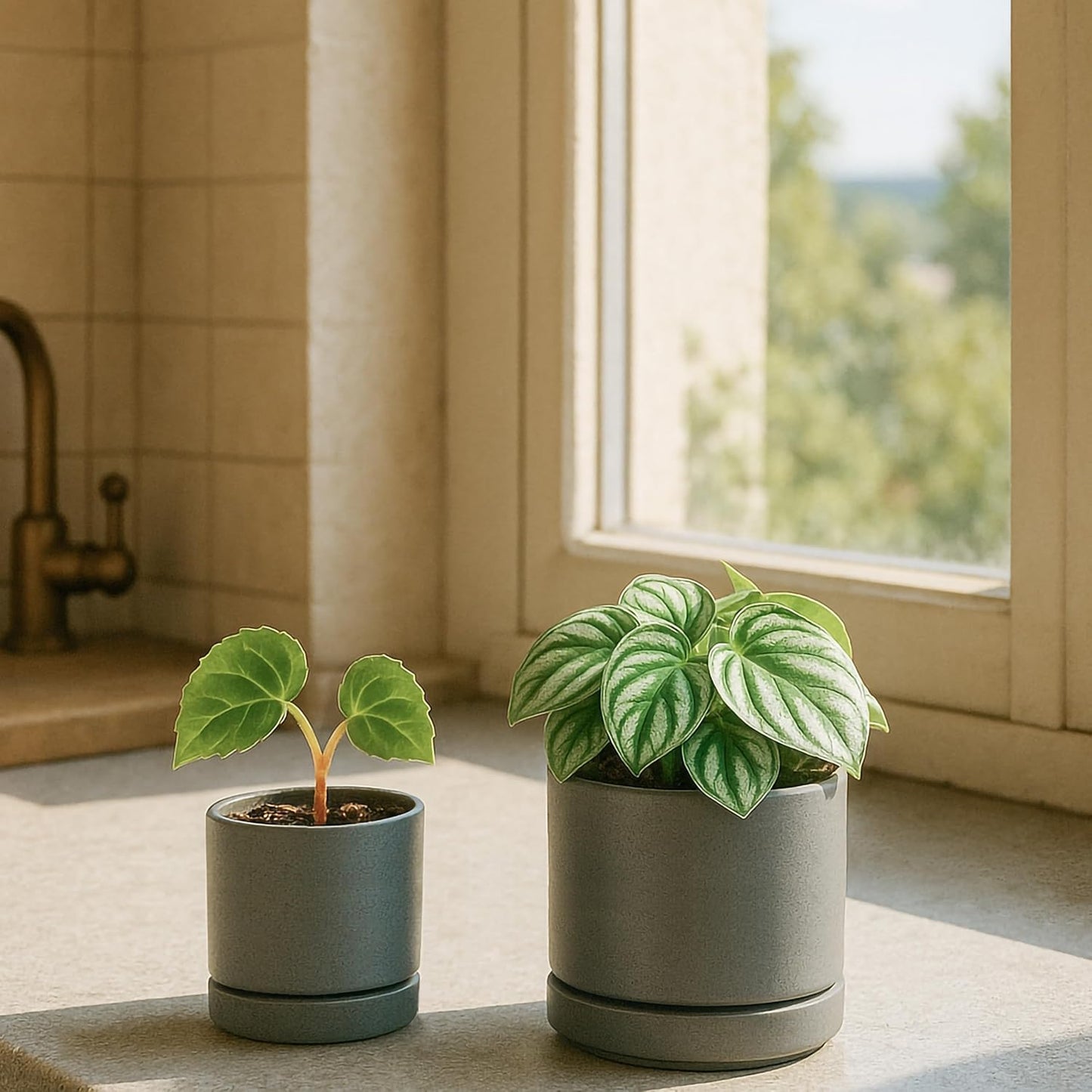 D'vine Dev 3.5 Inch & 4.7 Inch Ceramic Planter Pots for Plants with Drainage Hole and Saucer, X-Small Plant Pots Set, Speckled Grey, 94-G-XS-3