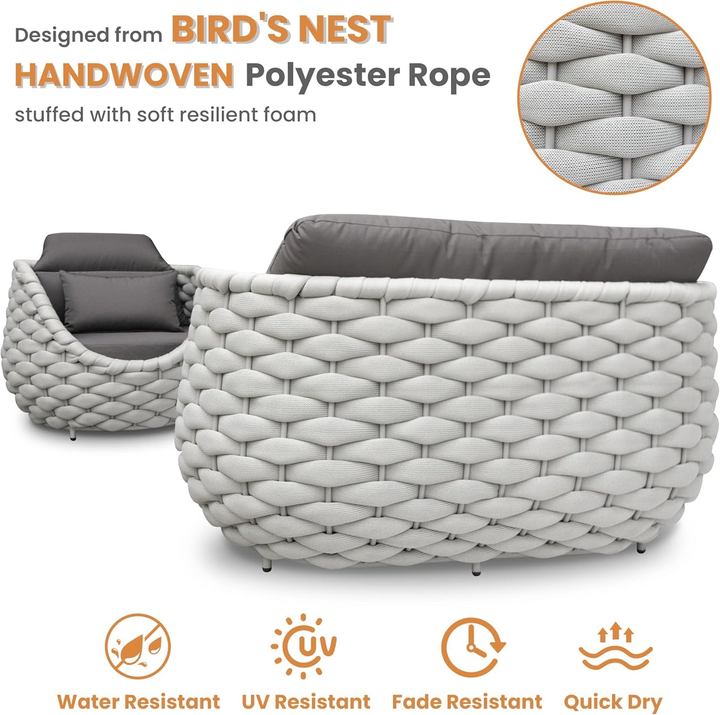 Aluminum Patio Furniture Set: 4 Pieces Woven Rope Outdoor Conversation Sofa Set Assembled - Modern Cushioned Armchair Couch Set for 660lbs Porch Deck Backyard Poolside Garden Drawing Room Hotel