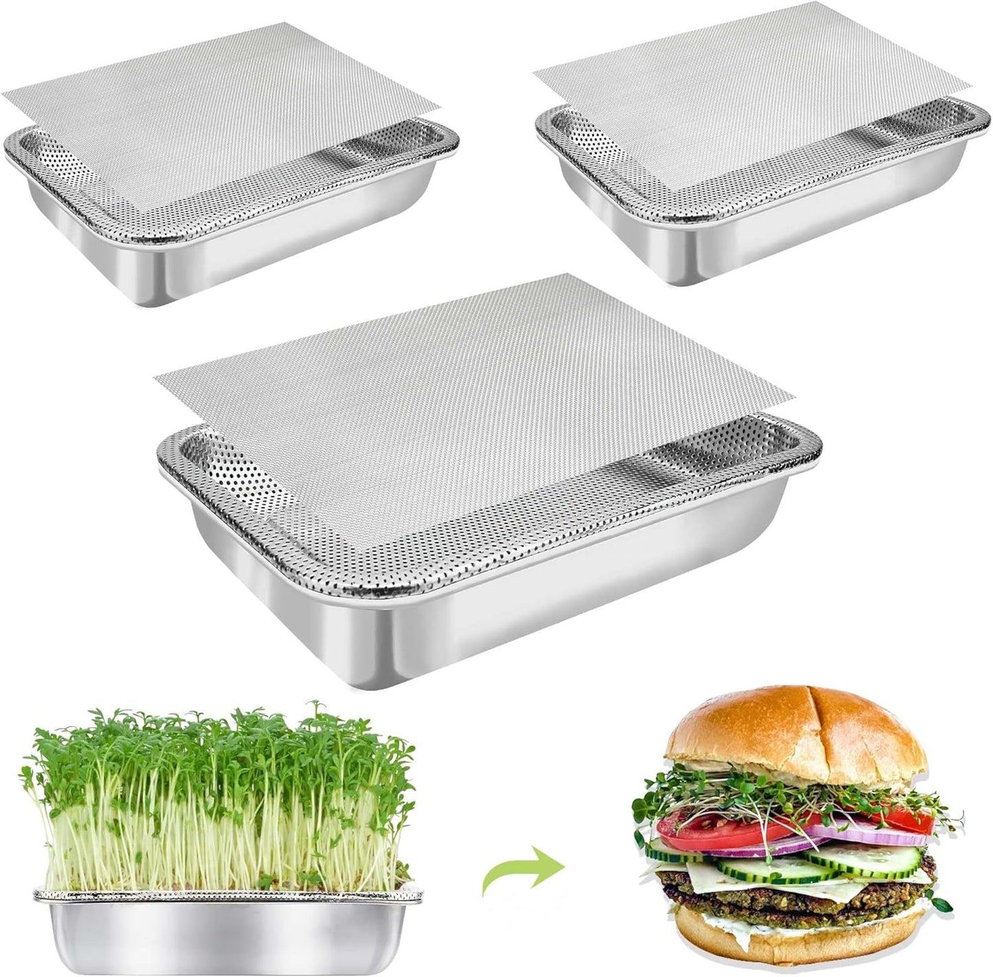 Stainless Steel Sprouts Growing Kit 3-Tier 12.4 inch Trays, Microgreens Growing Kit, Seed Sprouting Tray with Encrypted Mesh Sprouts for Beans Alfalfa Broccoli Wheat Grass