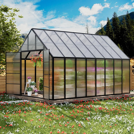 10'x10'x16' Snap-Together Greenhouse - Easy 3-Way Connectors, Heavy-Duty Aluminum Frame, Wind/Snow Resistant for Gardening/Urban Farming, Includes Sliding Door & Ventilation Windows