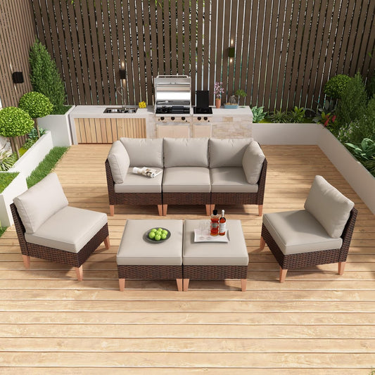 HUMMUH 7 Pieces Patio Furniture Set,Outdoor Modular Sectional Couch Chairs with Ottomans,All Weather PE Wicker Patio Conversation Sets for Garden Porch Backyard