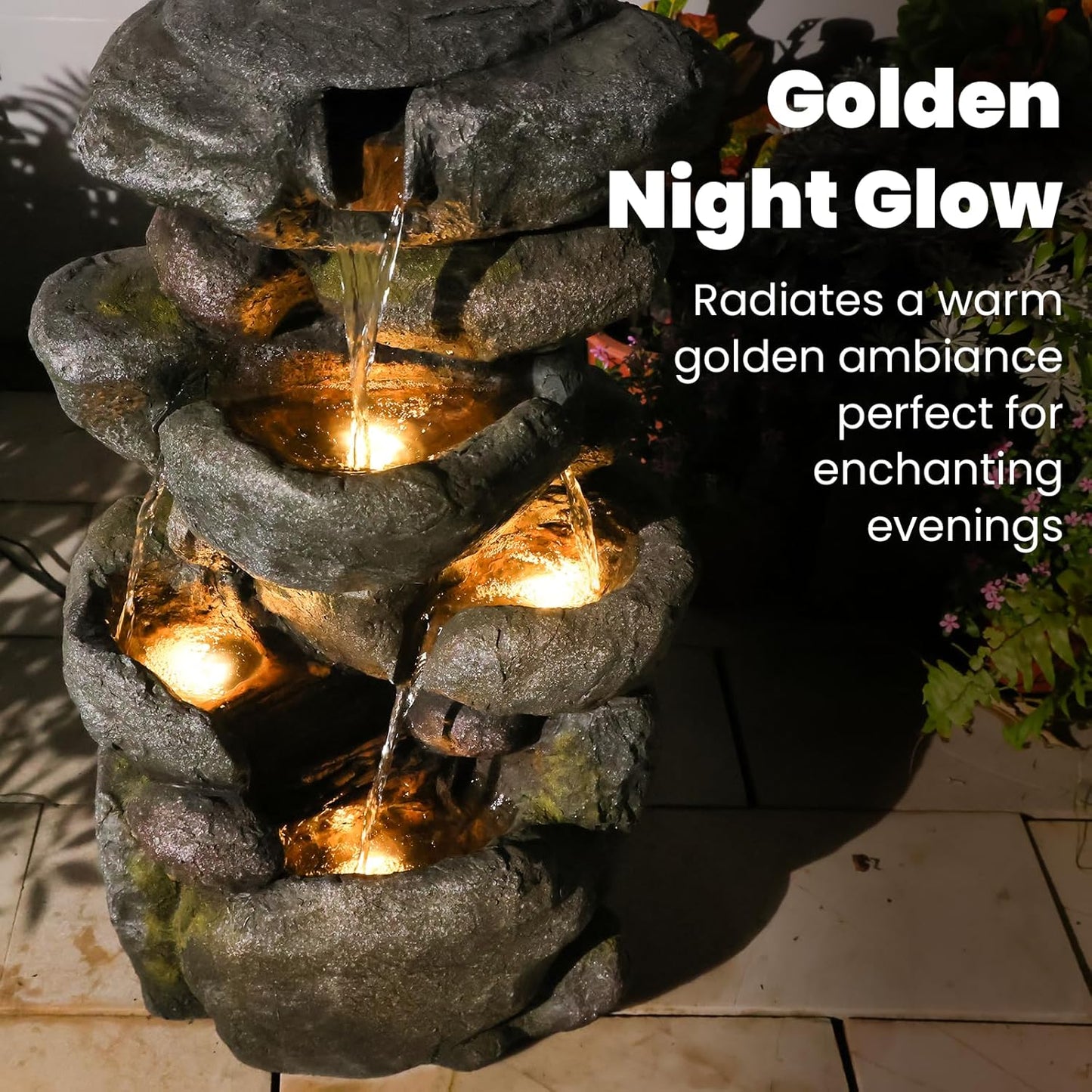 Outdoor Water Fountain 4-Tiers Rock Cascading Indoor Floor-Standing Resin Bubbler Fountain Features Garden, Patio, Yard, Lawn and Home Art Decor, 29“H