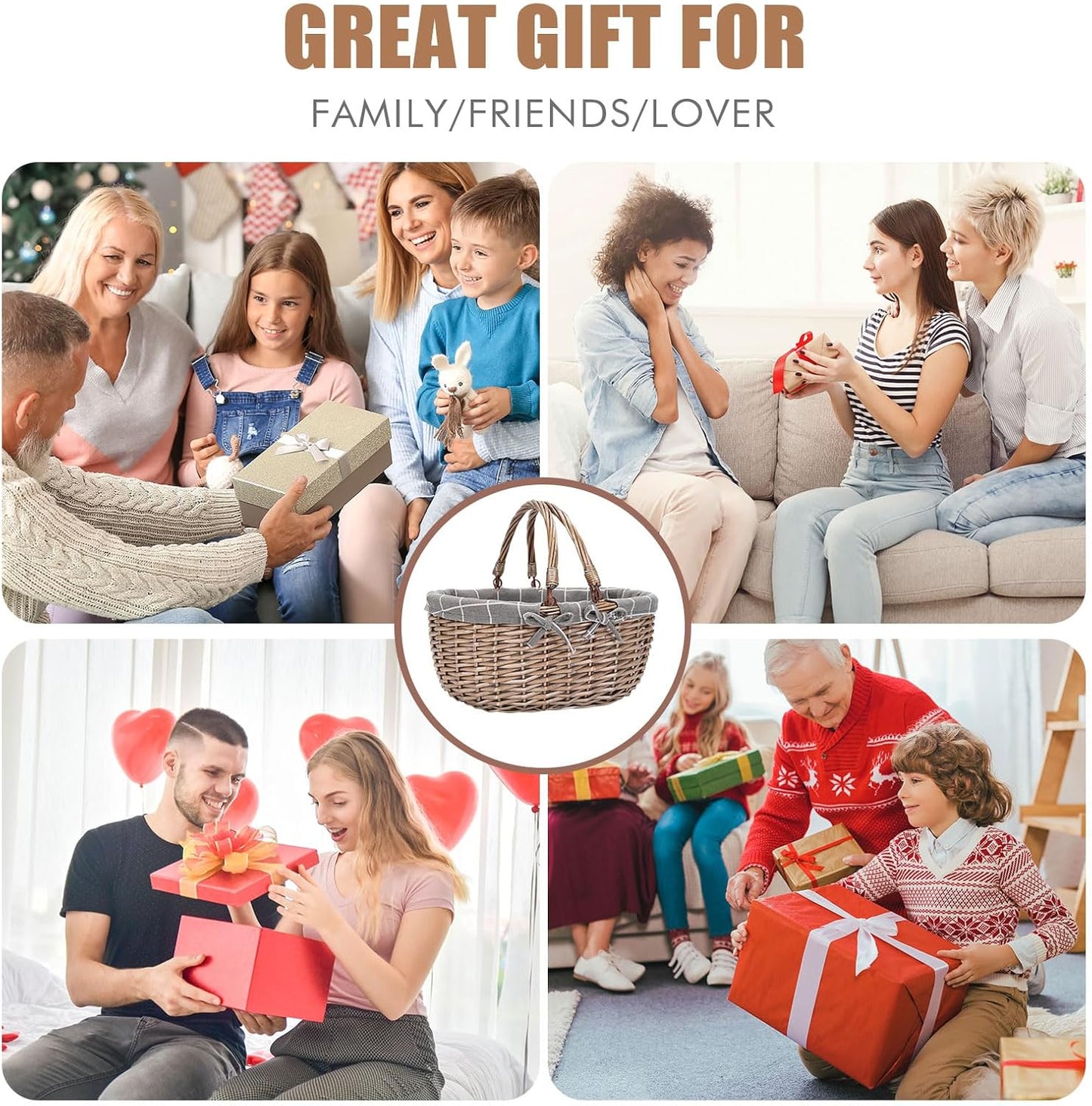 G GOOD GAIN Oval Picnic Basket with Folding Handles, Willow Hand Woven Shopping Basket, Bath Toy Kids Toy Storage Gift Packing Basket, Wicker Empty Easter Eggs and Candy Small Gift Basket.GreyCheck