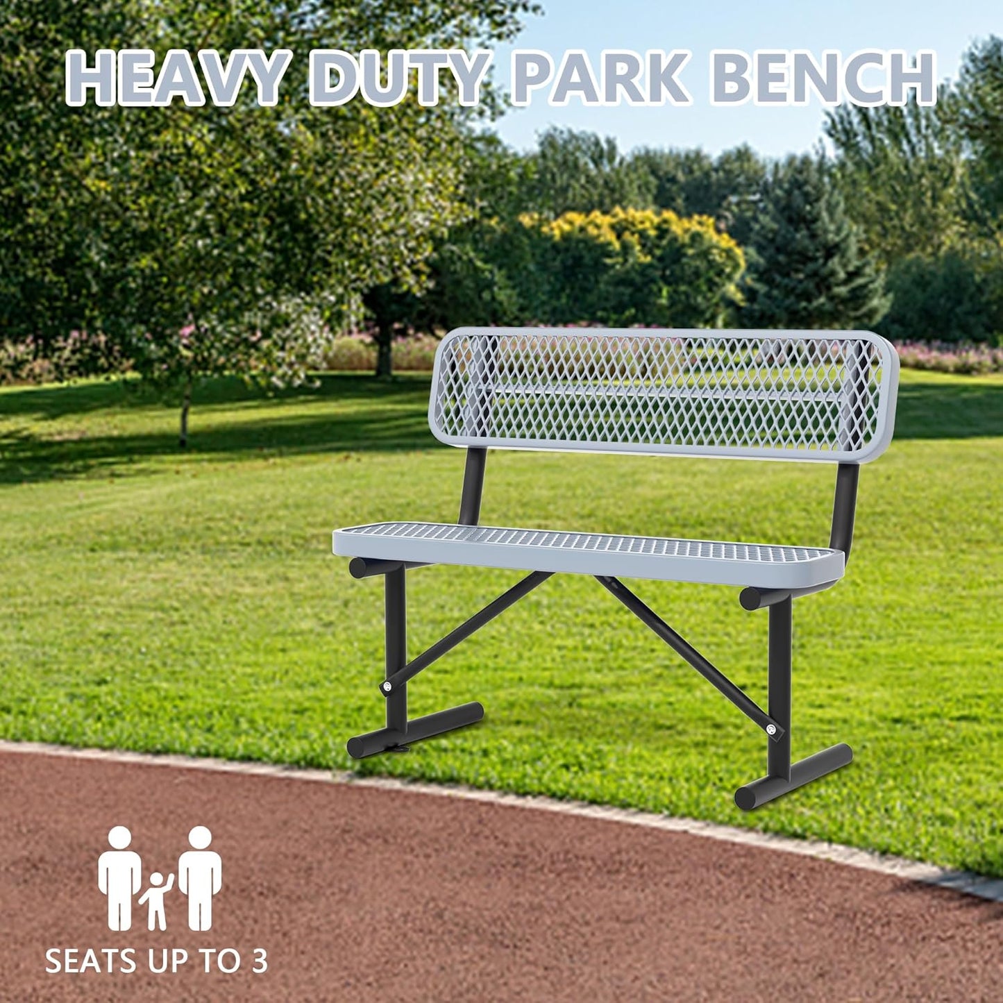 Heavy Duty Park Bench with Back Portable Frame, Outdoor Steel Bench with Backrest, Outdoor Park Bench Expanded Metal Mesh Bench for Lawn, Park, Deck, Garden, Patio, Porch, Black (Gray, 4FT)