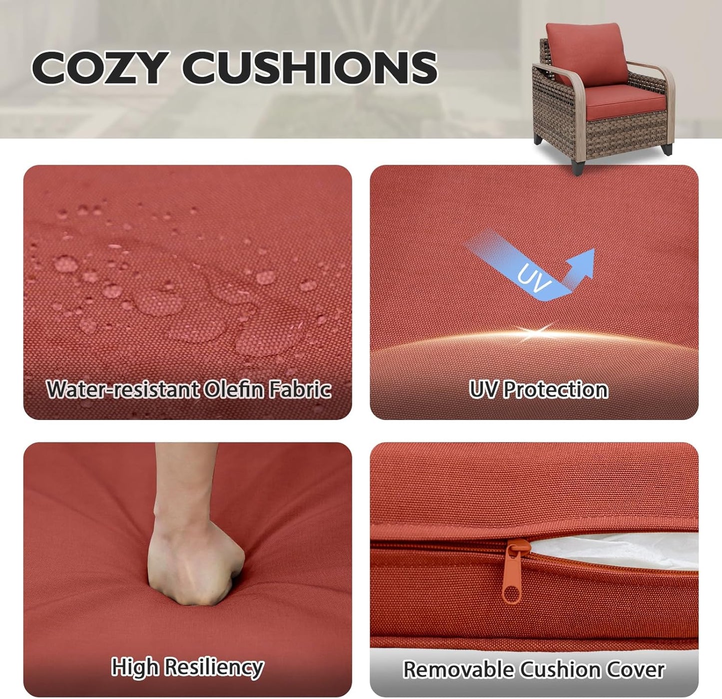 EAGLE PEAK Modern Wicker Outdoor Chair, Patio Chair Curved Armrest, Rattan Patio Furniture for Yard Deck Porch Garden, 2 Chairs, Brown/Red