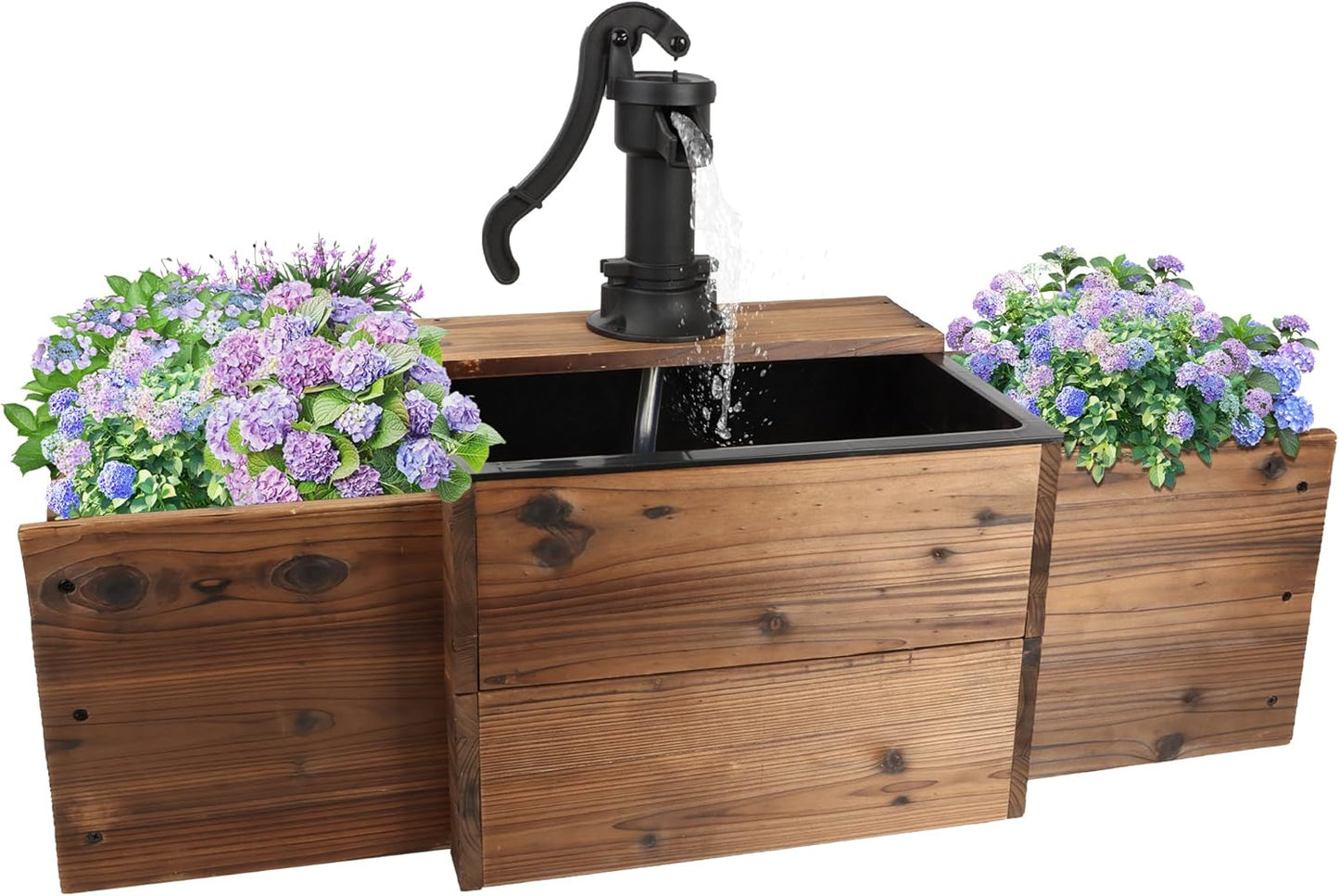 Outdoor Floor Wooden Rectangular Pump Water Fountain,Old-Fashioned Fountain with Flower Box,Electric Decorative Hand Pump, Outdoor Water Feature for Garden Patio Backyard