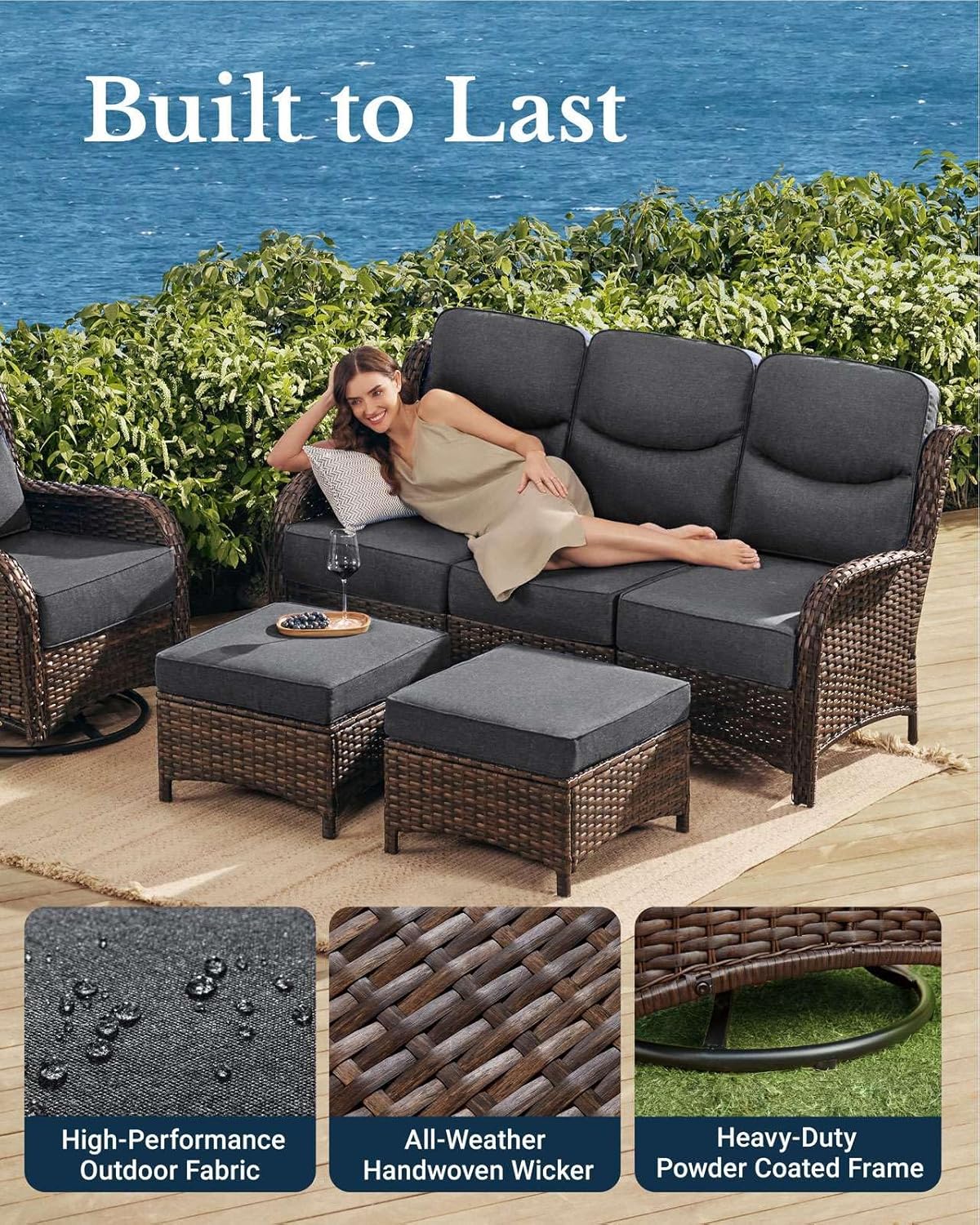 HILLGA Luxury Patio Furniture Set with 6-Inch Thick Cushions, High Back Outdoor Swivel Rocker Chairs and Patio Couch, 10-Piece All Weather Conversation Set for Porch Deck Pool Yard, Dark Grey (V3)