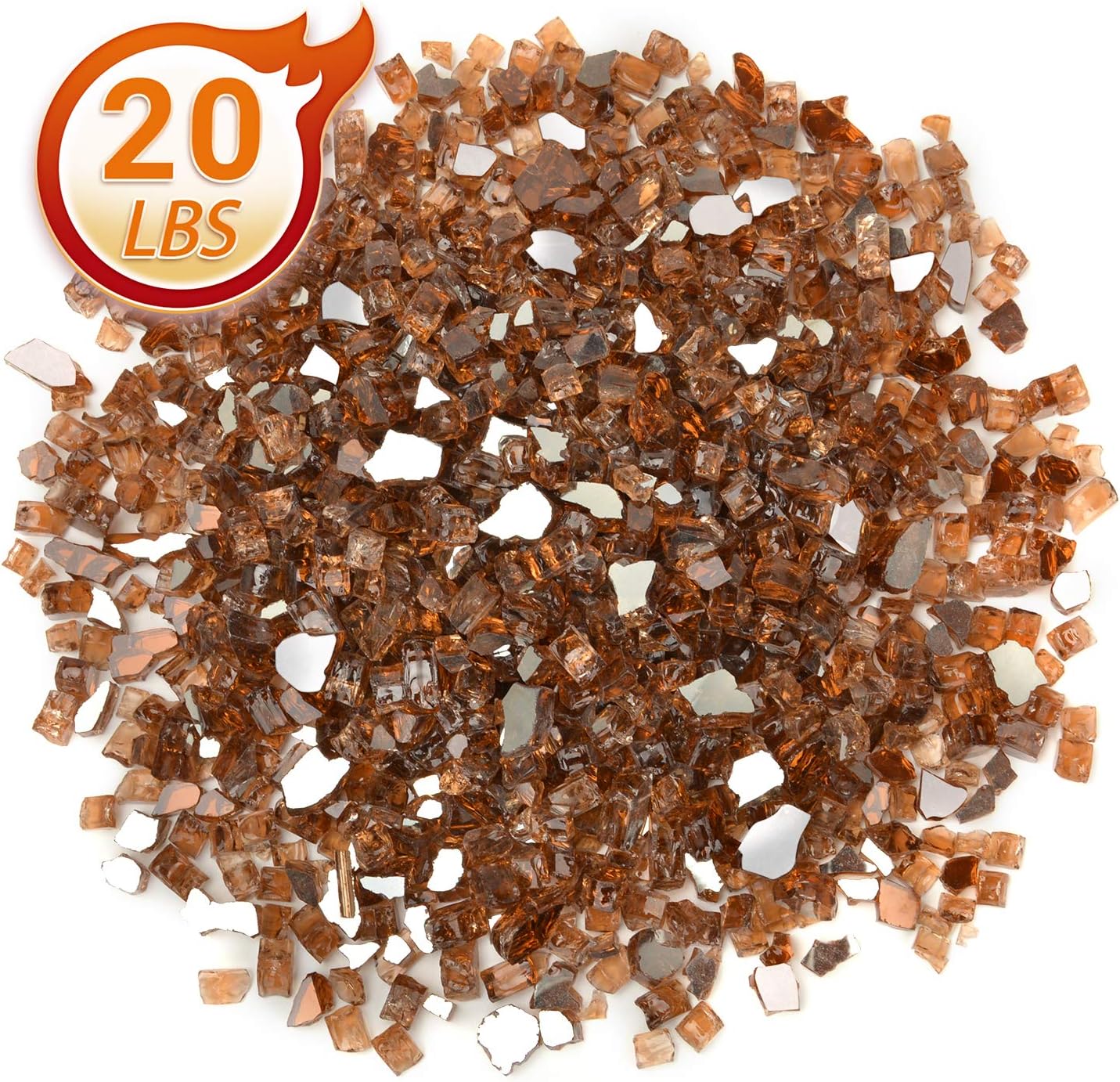 Mr. Fireglass 20 Pounds Copper Reflective Fire Glass, 1/2 Inch High Luster Reflective Tempered Glass Rocks for Fire Pit Table Fireplace and Landscaping, Decorative Propane Gas Fireplace Glass Rocks