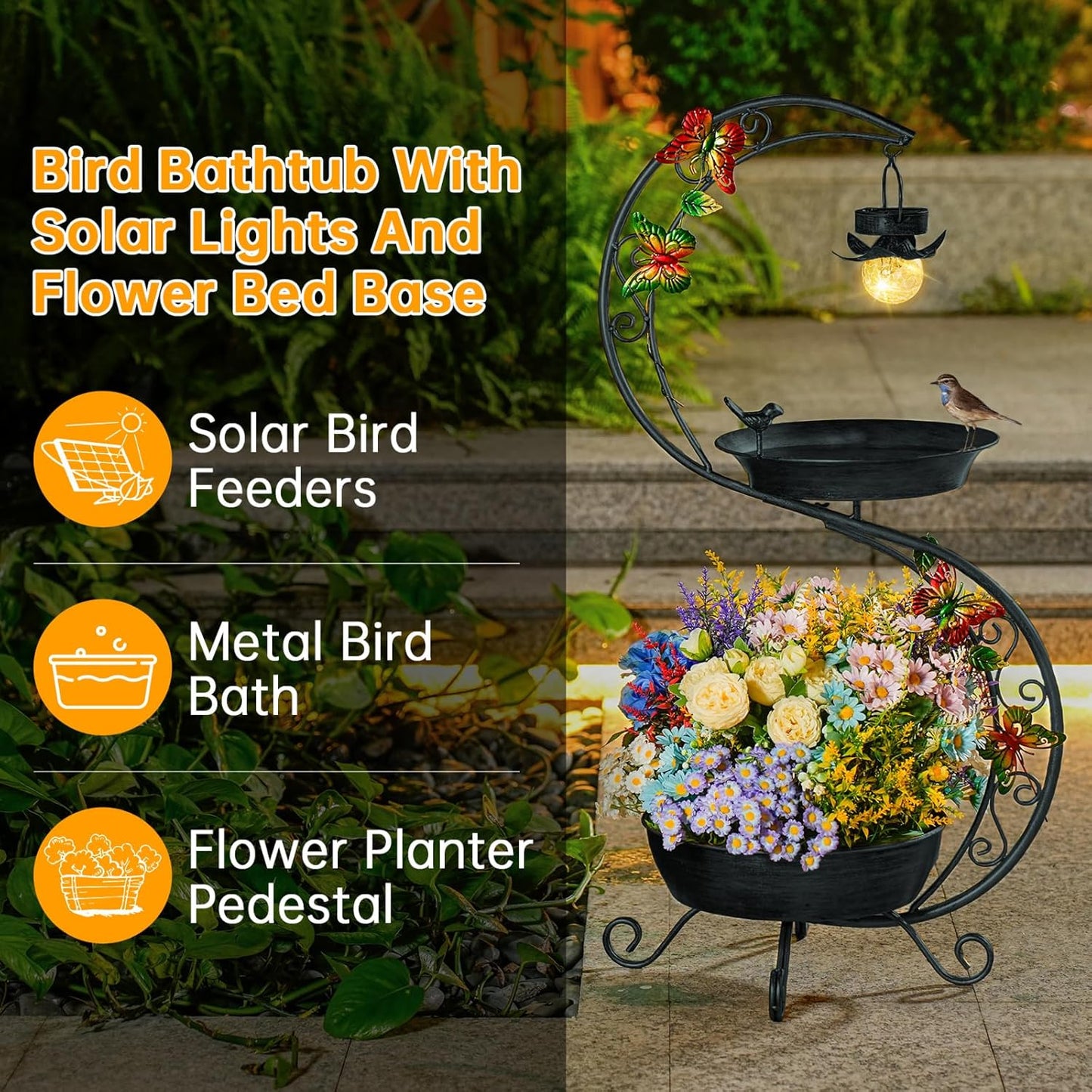 Bird Bath for Outside with Solar Lamp, 36" Birdbaths for Outdoors with Planter Flower Pot, Metal Bird Bath Bowl for Garden Yard Decor (All Black)