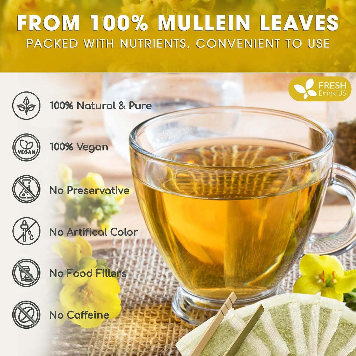 FreshDrinkUS, Premium 15 Mullein Leaf Tea Bags For Lung, 100% Natural & Pure from Mullein Leaves. Loose Leaf Mullein Herbal Tea. Made with Natural Material Tea Bags. No Sugar, No Caffeine, No Gluten, Vegan.