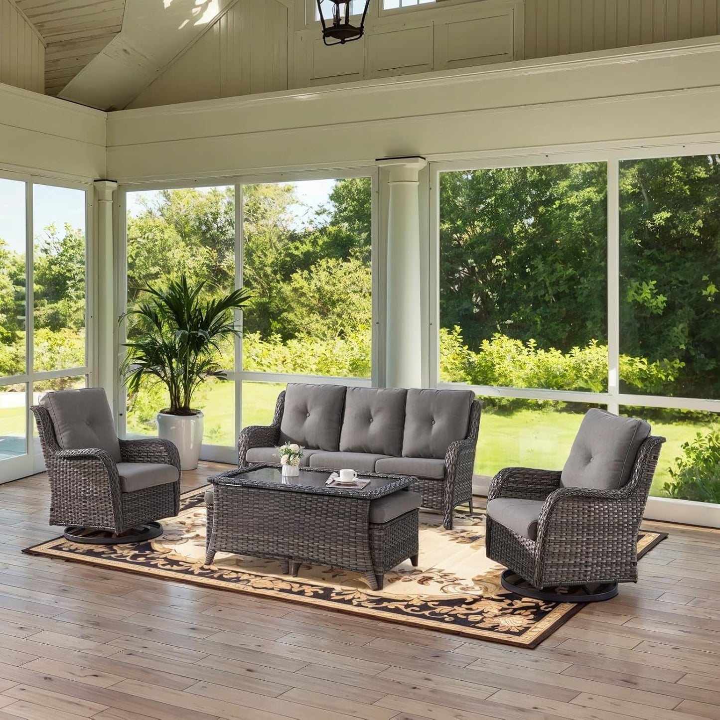 Wicker Outdoor Furniture Patio Furniture Set - 6 Piece Patio Conversation Set with Swivel Rocker Chairs, Rattan Sofa, Ottomans and Coffee Table, Gray Cushion