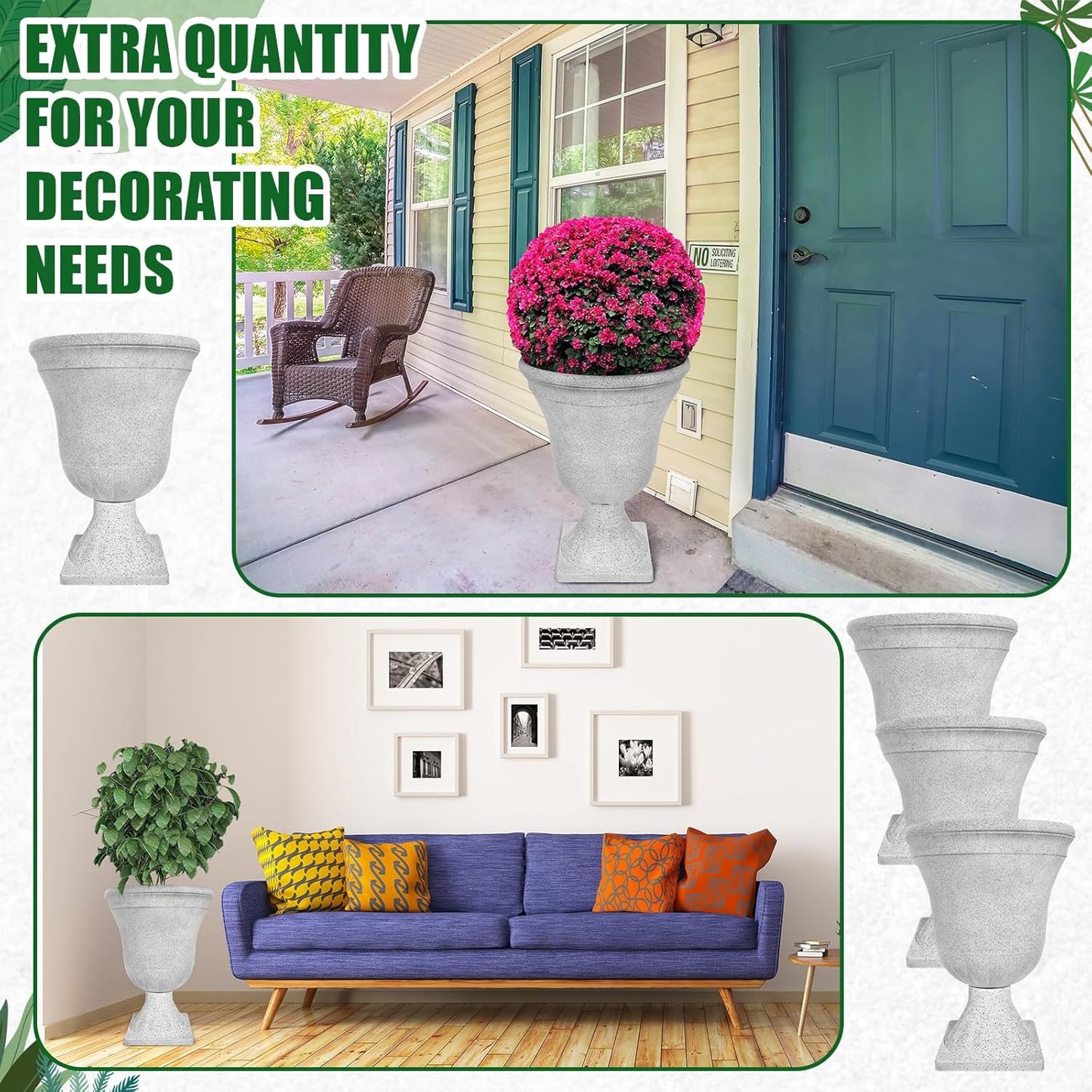 Dandat 4 Pack Large Outdoor Urn Planter 22 inch Tall Plastic Planter for Front Proch Classic Vase Decorative Garden Pot for Indoor Outdoor Door Patio Deck Decor(White)