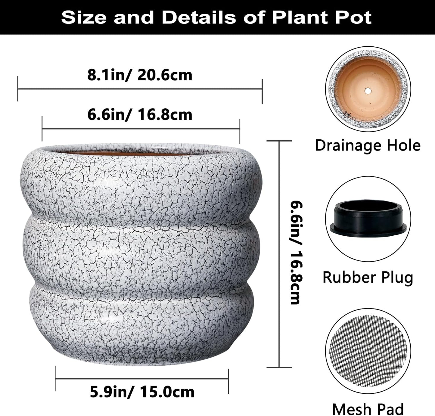 SQOWL Ceramic Pots for Plants - 8 Inch Plant Pot with Drainage Hole, Round Planter for Indoor Plants, Ceramic Flower Pots Outdoor, Modern Planter, Room Decor, Gifts for Plant Lover, Black and White