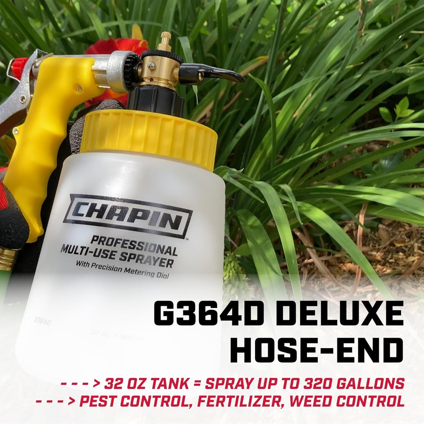Chapin G364D Made in The USA 32 Ounce Professional Lawn and Garden Hose-End Sprayer with 16 Mixing Rations on The Metering Dial, Built-in Anti-Siphon, Translucent White