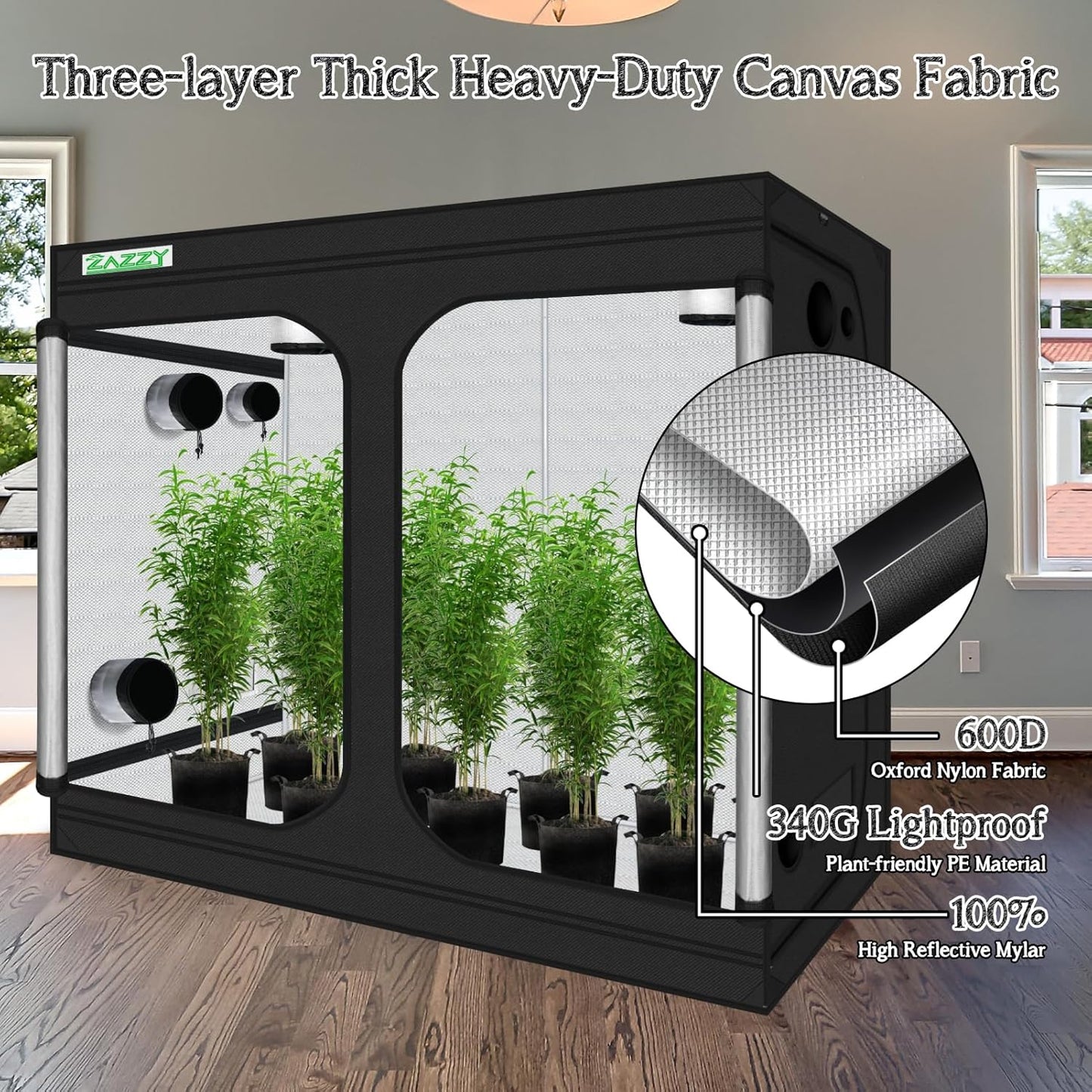 zazzy Grow Tent, 120"x60"x78" Hydroponic Mylar Grow Tent Reflective Garden Growing Dark Room with Observation Window, Removable Floor Tray and Tool Bag for Indoor Plant Growing 10x5