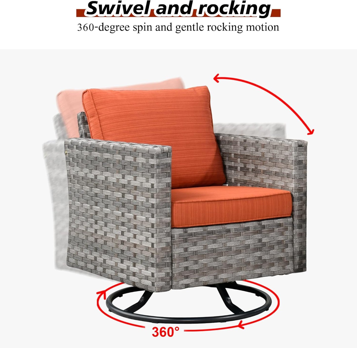 HOOOWOOO 9 Piece Modular Patio Outdoor Sectional Furniture Set with Gas Propane Fire Pit Table,Wicker Conversation Sofa Set with Swivel Chairs,Outside Couch Set(Orange Red)