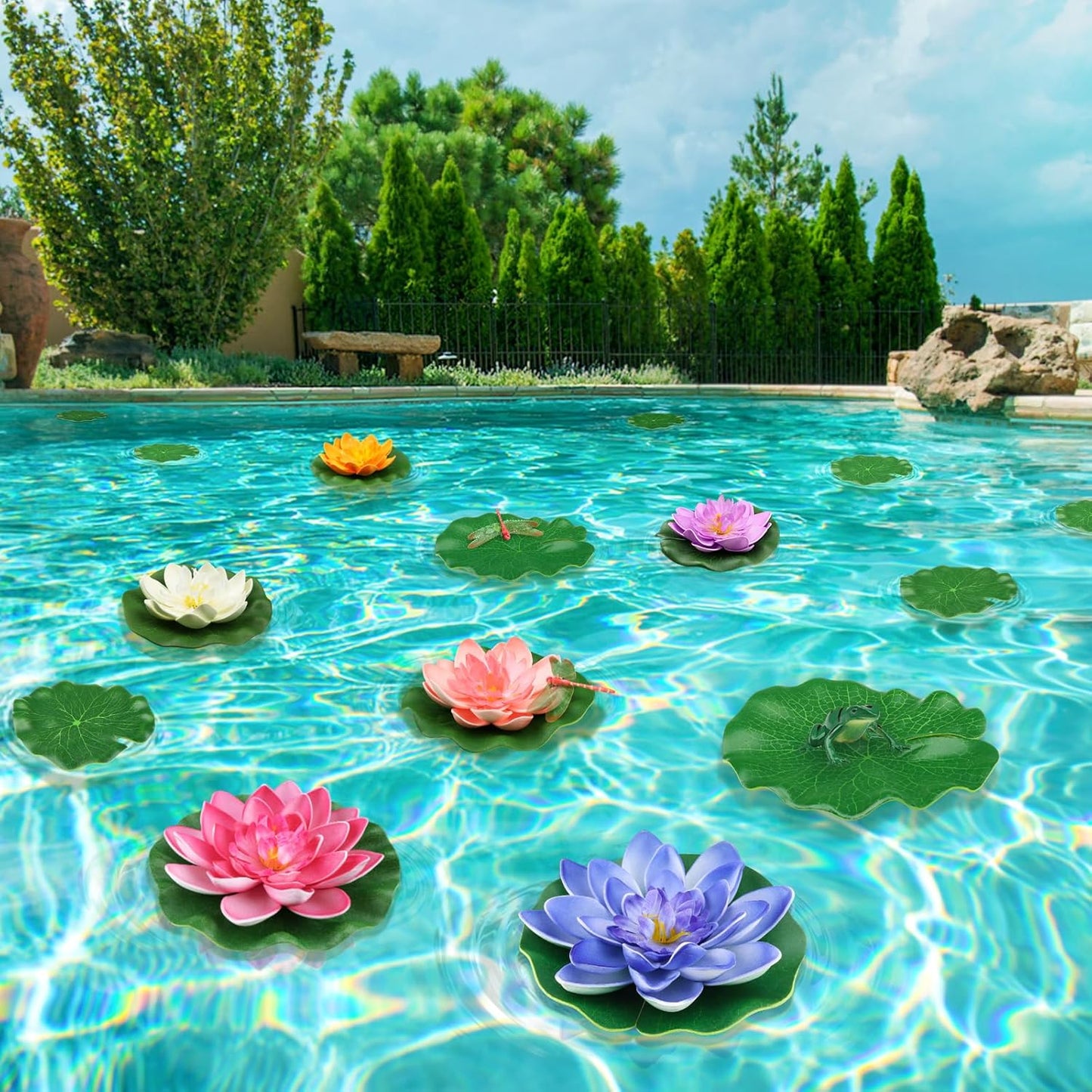 22 Pack Artificial Floating Foam Lotus Flowers with Artificial Frog Lotus Leaves, Lily Pads for Lake, Pond Plants Ornaments for Pool Water Decoration, Colorful