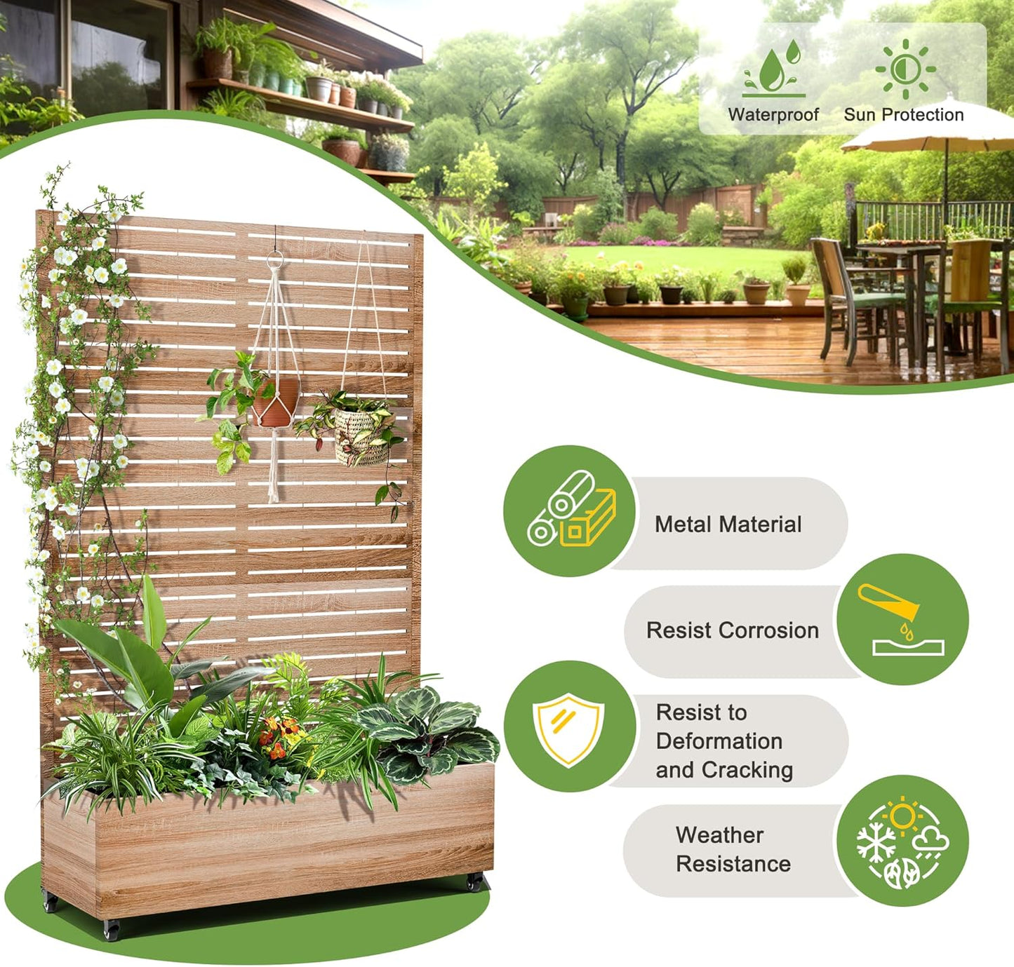 FENCY Metal Raised Garden Bed with Wheels and Trellis,73"x47"x16" Planter Box for Climbing Plants, Vegetables & Vines, Features Privacy Screen and Drainage Holes (Natural Wood Color)