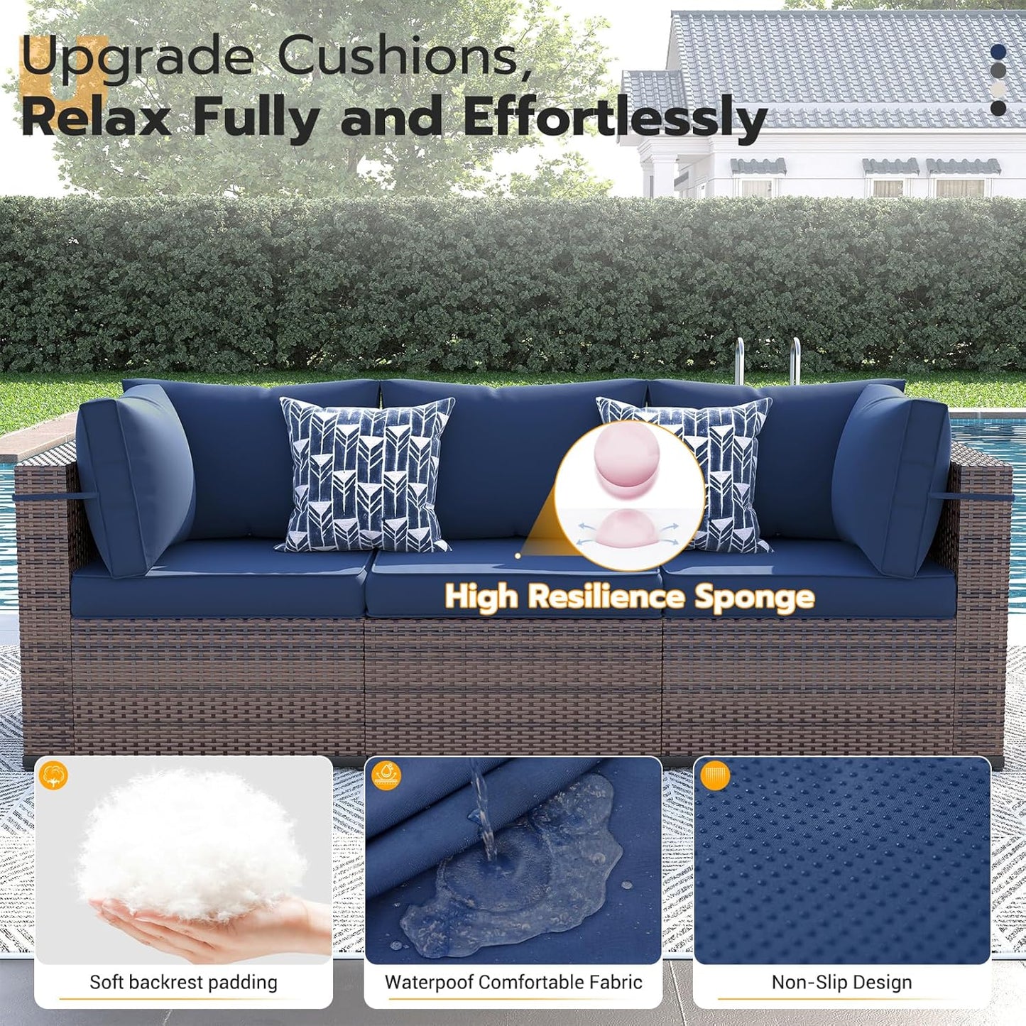 UDPATIO Patio Furniture Set, 7 Piece Outdoor Sectional Sofa, Modular Wicker Outdoor Furniture Conversation Sets with Waterproof Cover for Backyard Deck(Brown/Navy Blue)