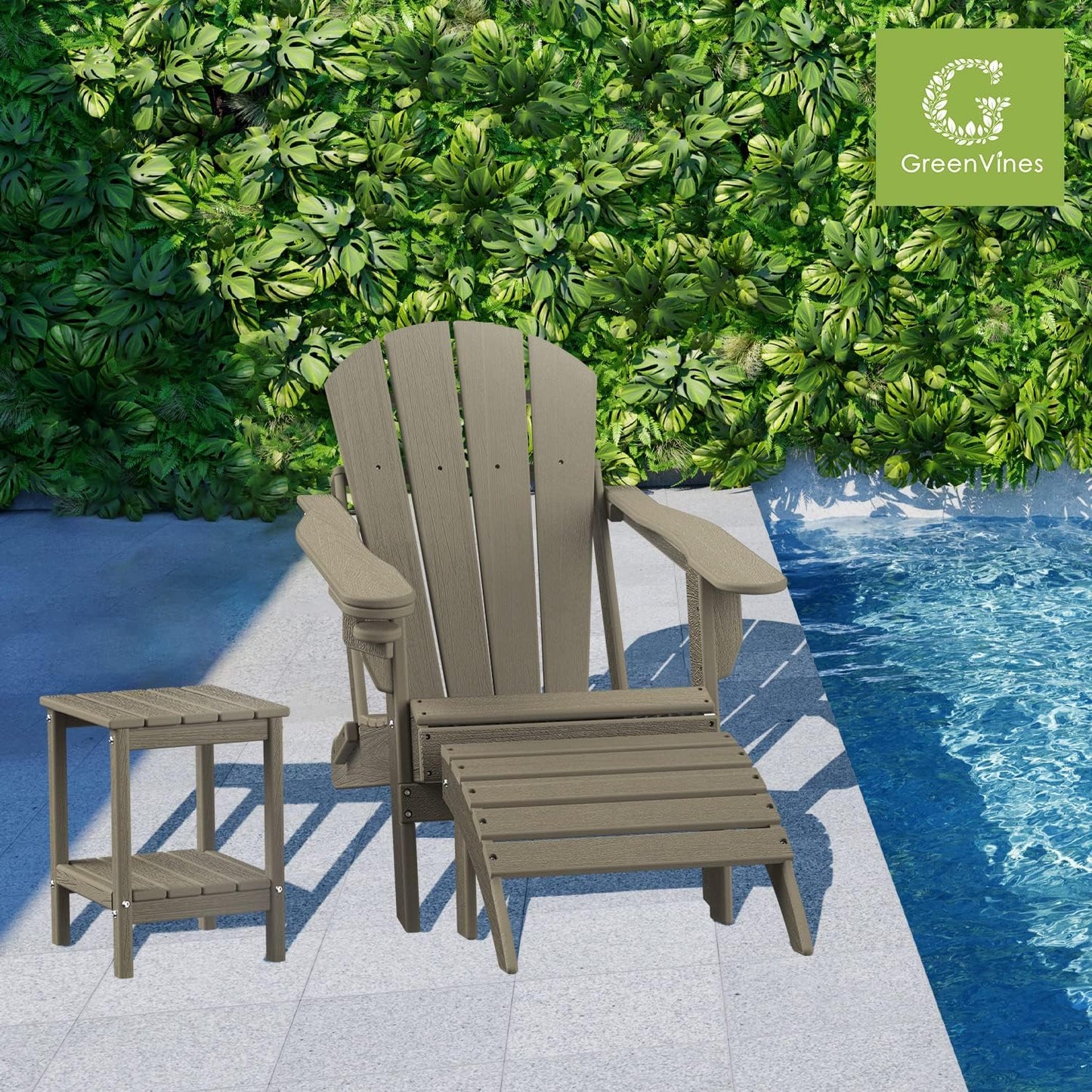 GREENVINES Folding-Adirondack-Chair | Wood Grain | HDPE Plastic | Fire Pit Chairs | All Weather | Cup Holder | Desert Brown | for Deck Backyard Patio Outdoor