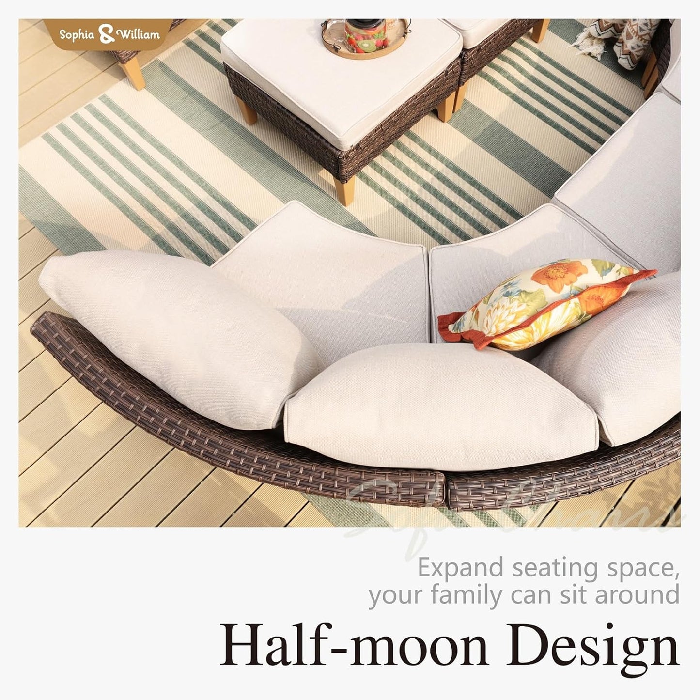 Sophia & William Patio Furniture Set, 10 Piece Half Moon Outdoor Wicker Sectional Sofa Set, High Back Rattan Conversation Set with Ottoman for Backyard, Deck, Pool(Beige)