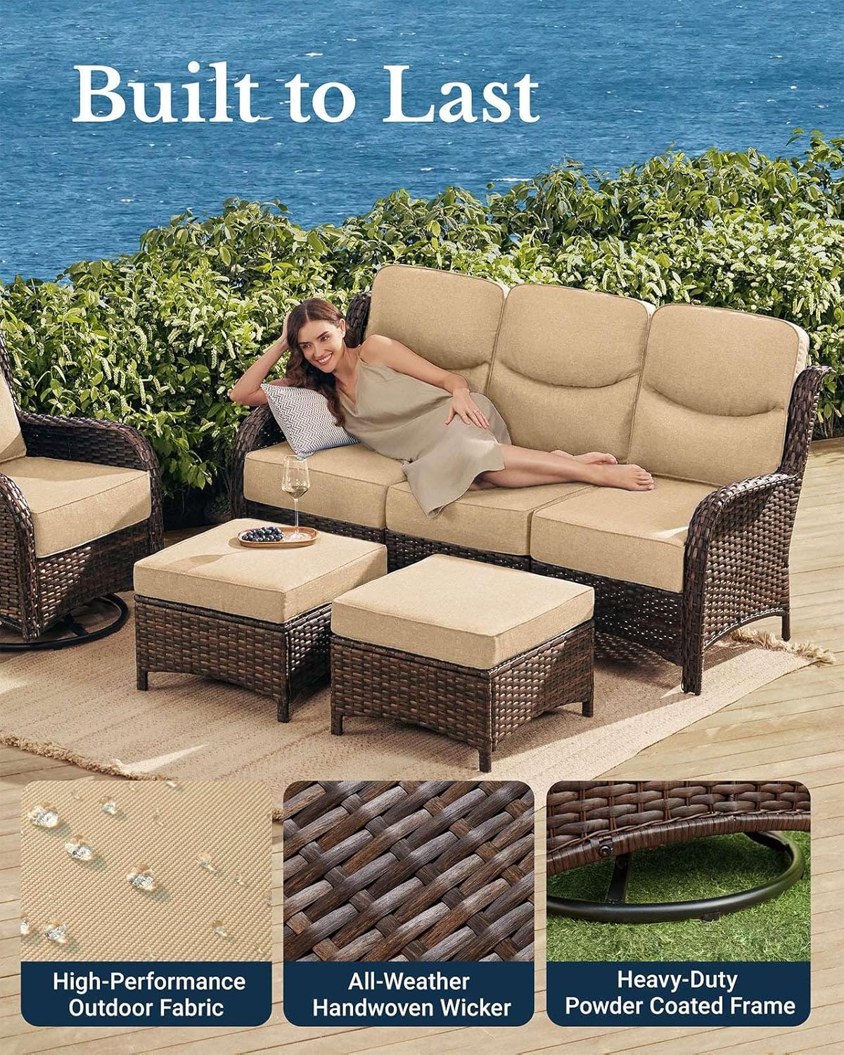 HILLGA Luxury Patio Furniture Set with 6-Inch Thick Cushions, High Back Outdoor Swivel Rocker Chairs and Patio Couch, 6-Piece All Weather Conversation Set for Porch Deck Pool Yard, Beige (V3)