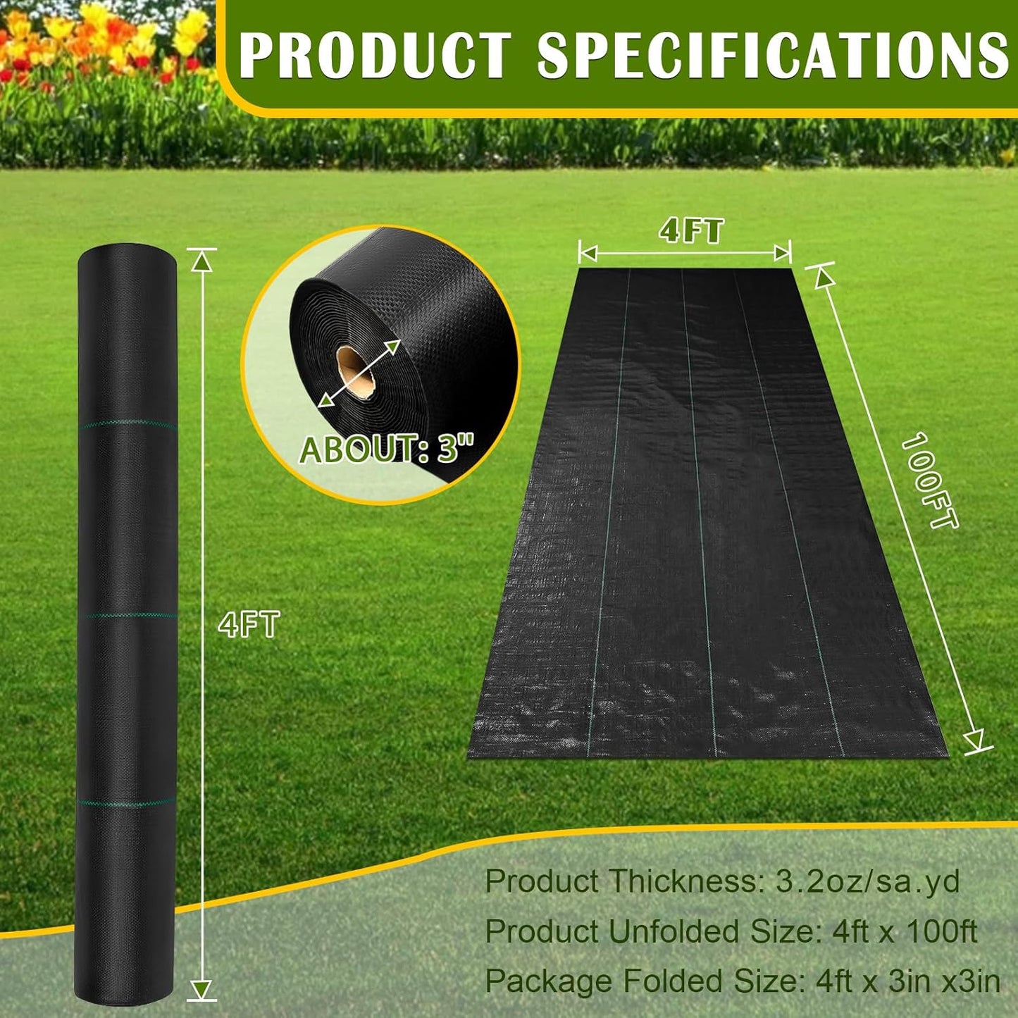 KAKO 4Ft x 100Ft Weed Barrier Fabric Heavy Duty Weed Barrier Landscape Fabric, Garden Fabric Weed Barrier, Ground Cover Weed Barrier Weed Cloth for Garden Fabric, Landscaping Fabric, Driveway Fabric