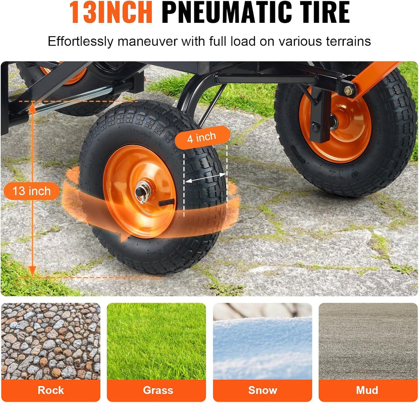 VEVOR 1500lbs Poly Garden Dump Cart Wheelbarrow Wagon with 2 in 1 Convertible Handle, Heavy Duty Yard Cart Wagon for with 13in All Terrain Wheels, Dump Trailer Tow Behind for Lawn Mower Tractor