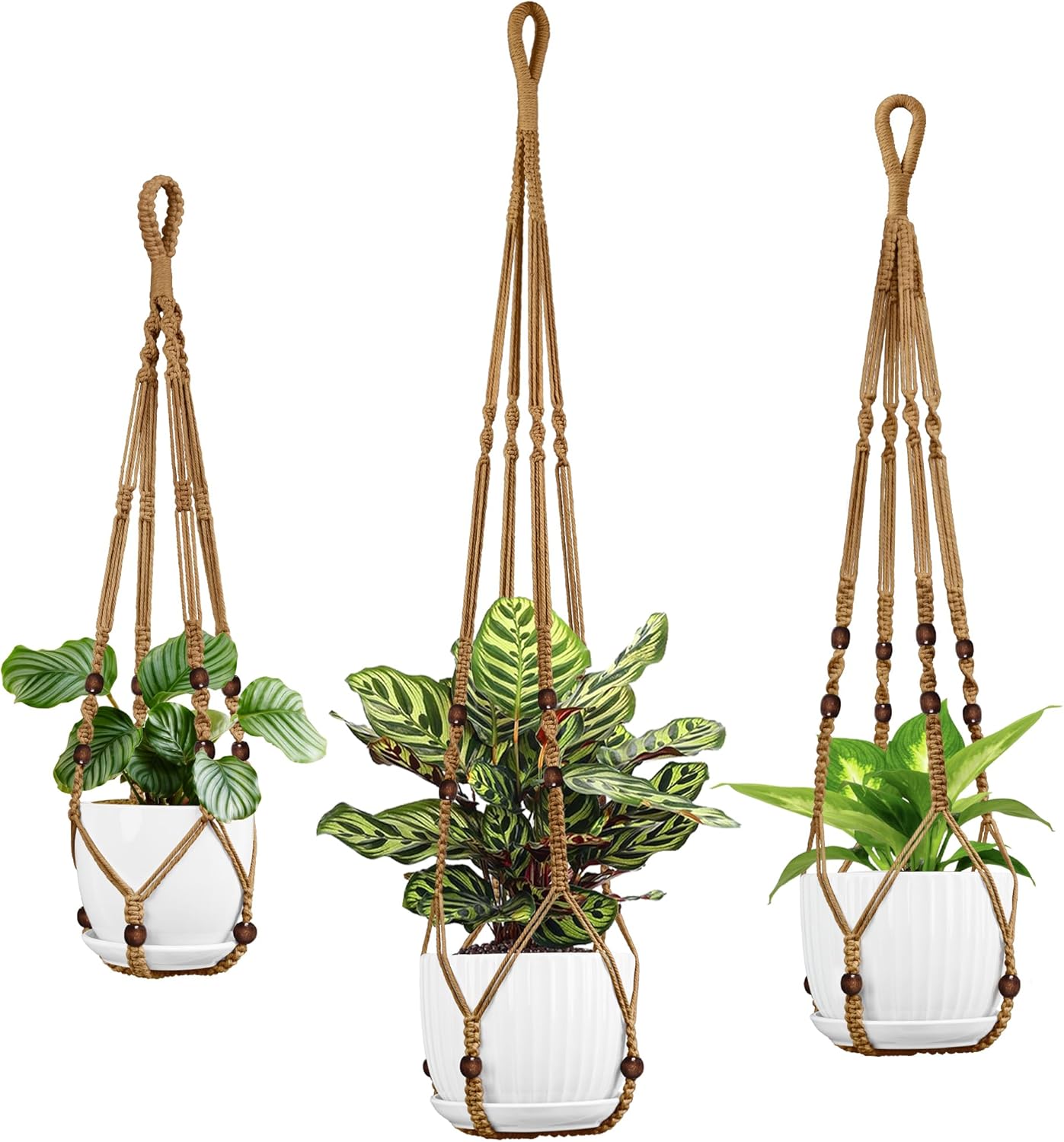 3 Pack Macrame Plant Hanger - 43"/35"/29" Different Sizes, Hanging Planter Basket Flower Pot Holder for Indoor Outdoor, with Wood Beads, Boho Home Decor, Brown (POTS NOT Included)