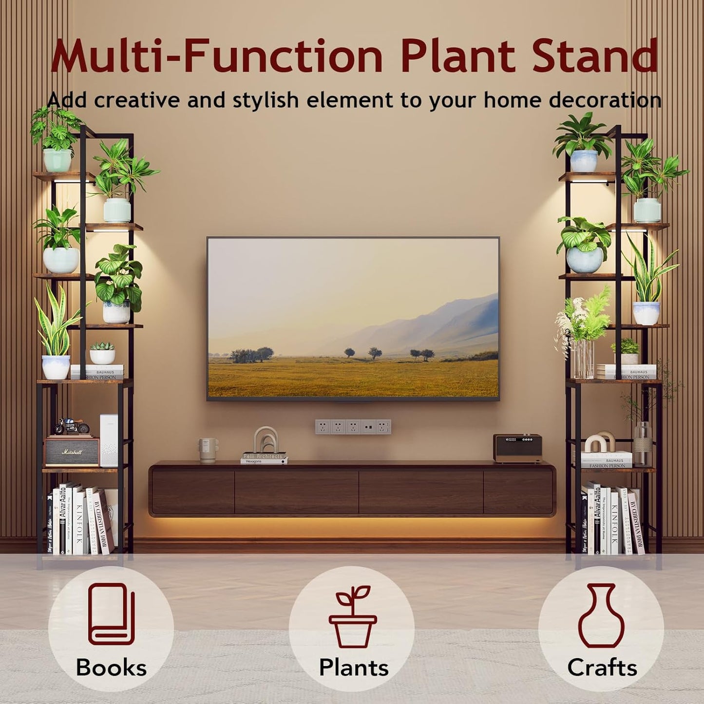 Plant Stand Indoor with Grow Light, 7-Tiered Tall Plant Stand Indoor, Metal Plant Shelf with Bookshelf Bookcase and Adjustable Light, Ideal for Living Room, Reading room, Garden, Patio (Brown)