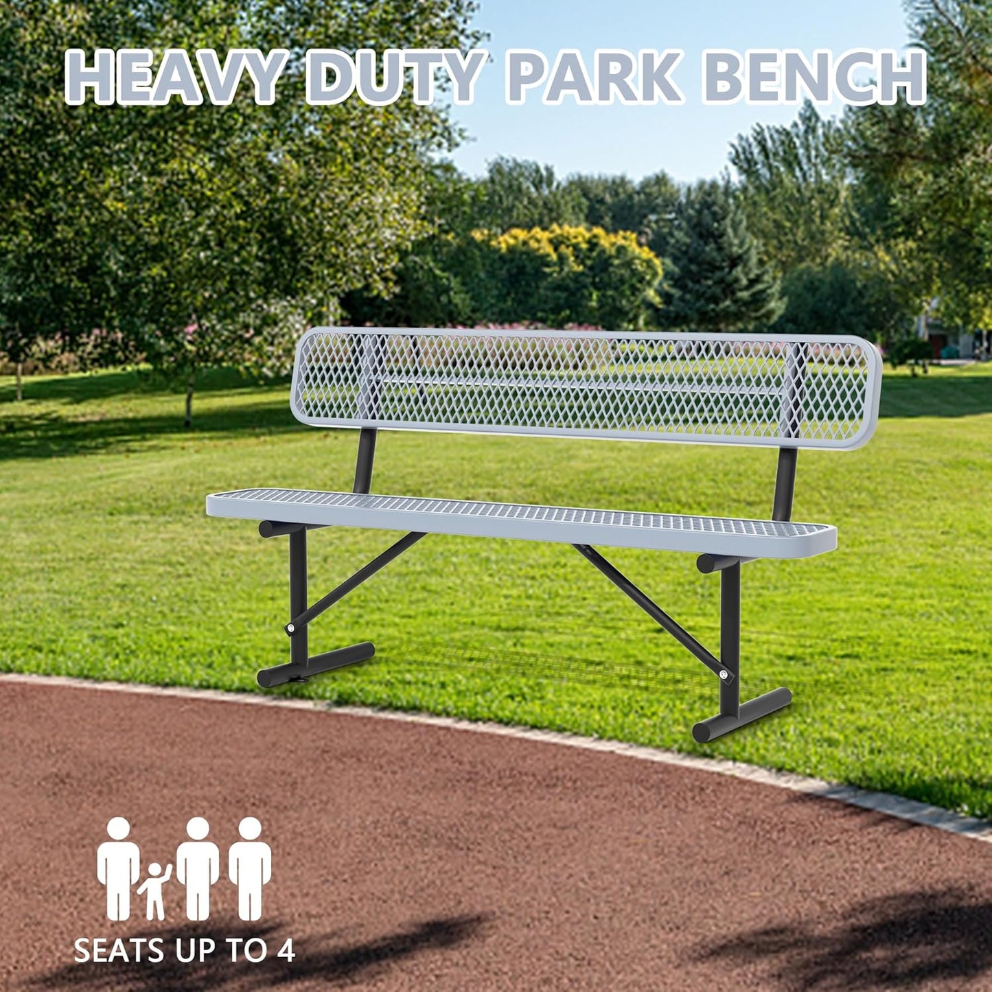 Heavy Duty Park Bench with Back Portable Frame, Outdoor Steel Bench with Backrest, Outdoor Park Bench Expanded Metal Mesh Bench for Lawn, Park, Deck, Garden, Patio, Porch, Black (Gray, 6FT)