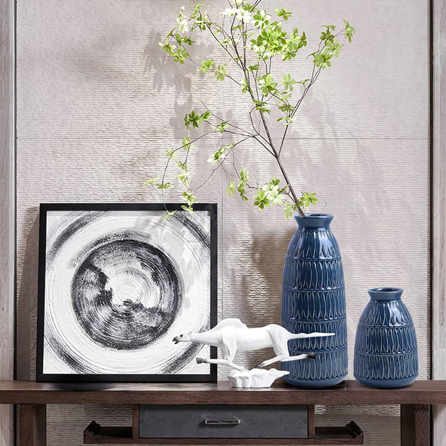 Yundu Navy Blue Ceramic Flower Vases for Home Decor Set of 3, Living Room Décor, Modern Farmhouse and Neutral Home Décor, Pmpas Grass Vase, Shelf, Mantle, Centerpieces Minimalist Décor