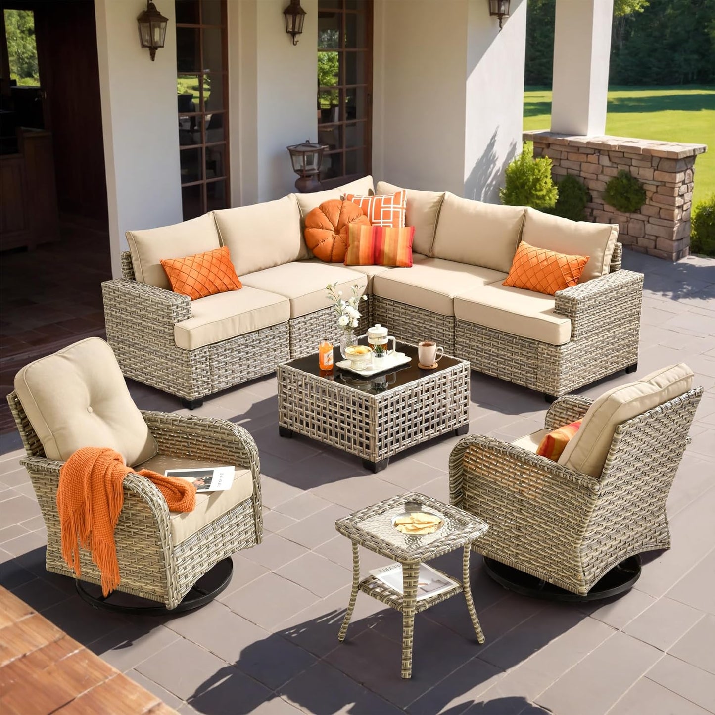 HOOOWOOO Outdoor Sectional Patio Furniture Set,9 Pieces Wicker Conversation Sets L Shaped Couch,Extra Deep Out Door Sofa Outside Furniture with Rocking Chairs,Beige