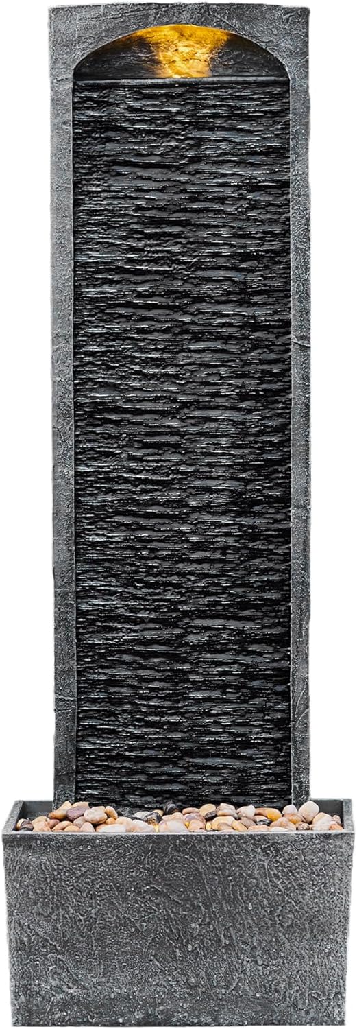 Teamson Home 38.5" Faux Slate Contemporary Outdoor LED Waterfall Fountain with Pebble Base, Gray/Black