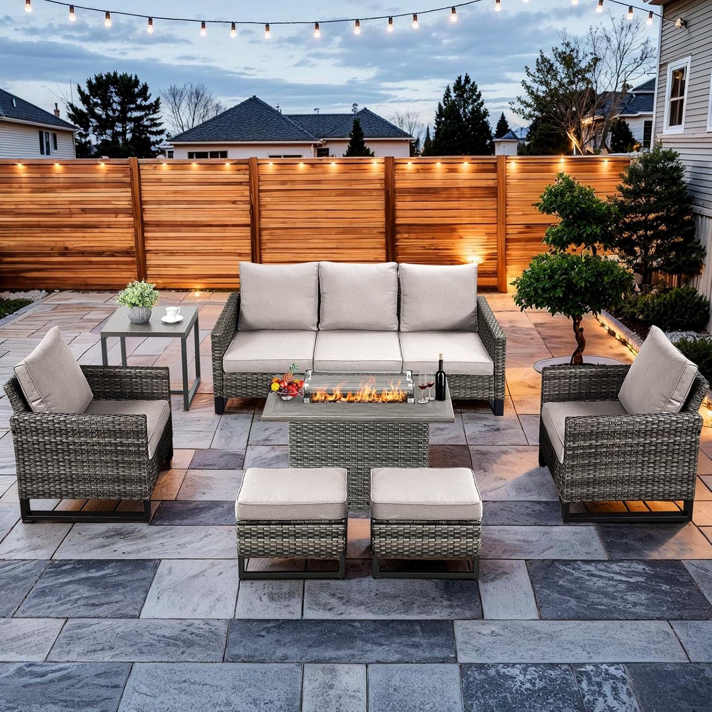 HUMMUH 7 Piece Patio Furniture Set with Fire Pit Table 41in 55,000 BTU,Wicker Outdoor Conversation Sets - Outdoor Chairs Set of 2 Patio Sofa for Porch,Garden,Backyard