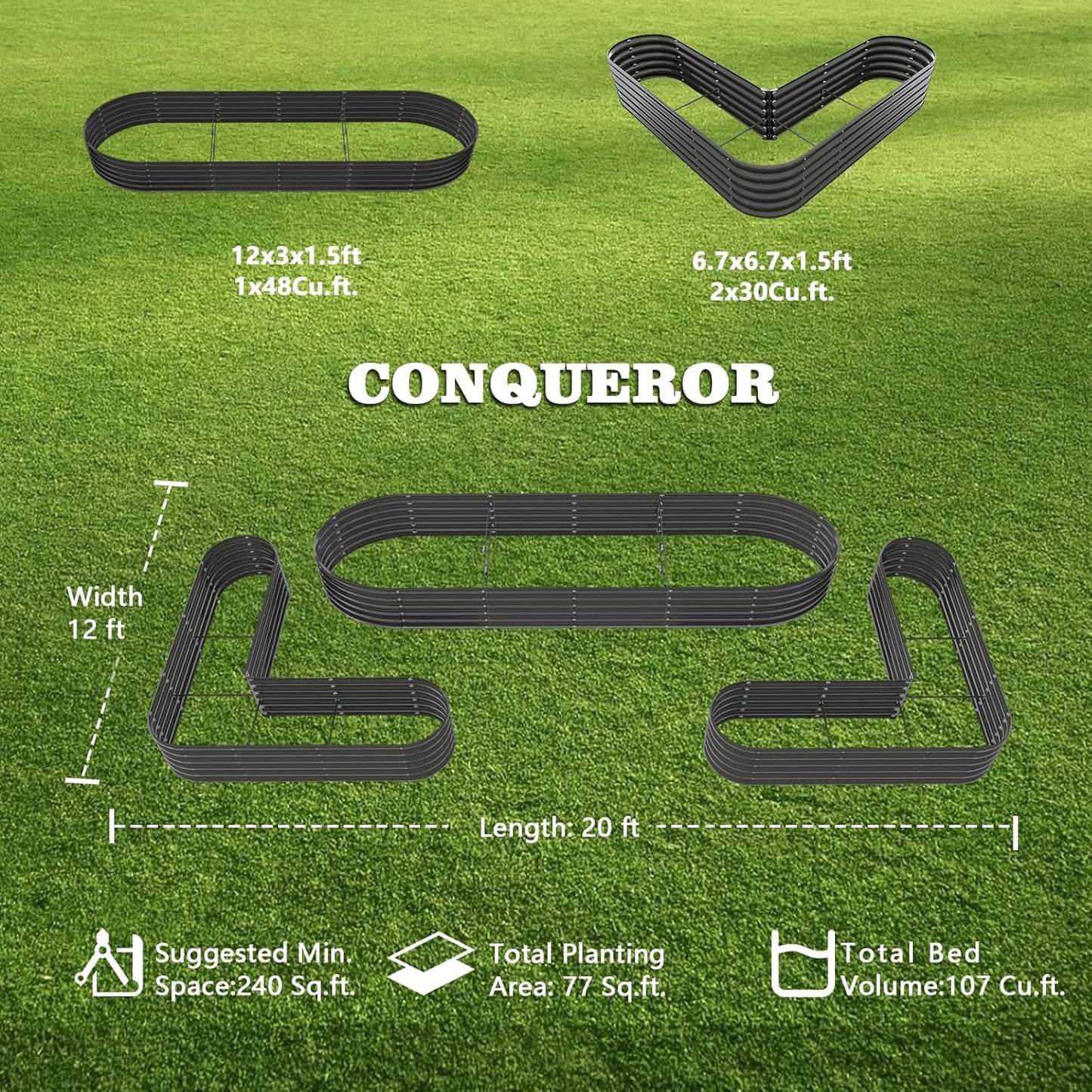 A ANLEOLIFE 3-Pack 12X3X1.5ft & 81x81x18 in Deep Root Galvanized Raised Garden Beds Outdoor for Planting Vegetables Flowers Herb, Quartz Grey