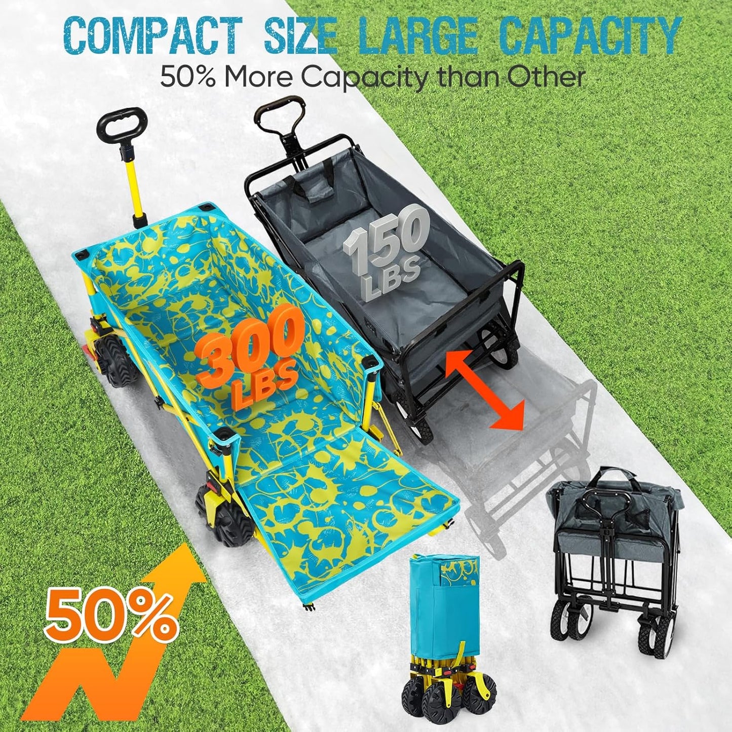 49" L Extra Long Beach Wagon with Tailgate,Big Wheels with Brake for Sand, Collapsible Utility Beach Cart Heavy Duty Folding Wagon,Ideal for Outdoor Sand Camping Garden Pet