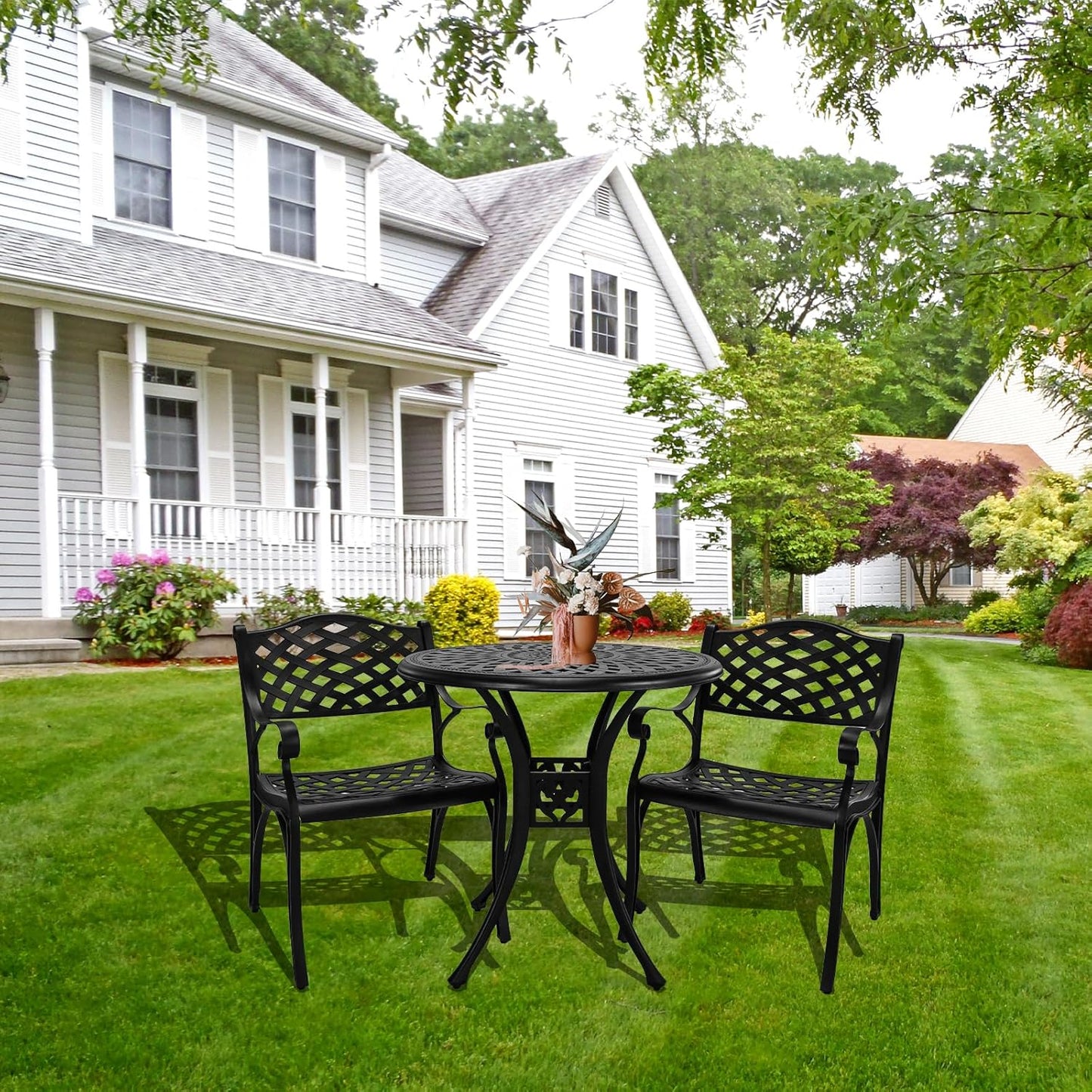 Outdoor Patio Table and Chairs Patio Dining Furniture Set Cast Aluminum Outdoor Table Set Bistro Chairs for Garden (Black, 3 Piece Round Table Set)