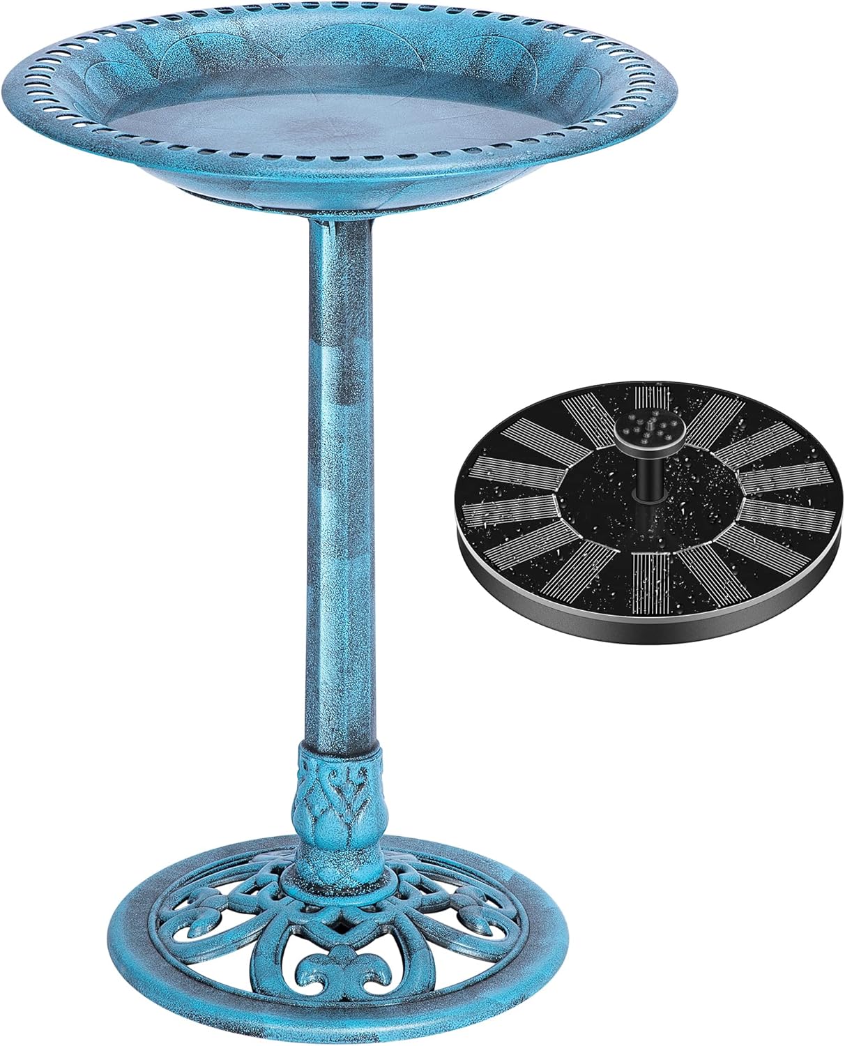VIVOHOME Polyresin Antique Outdoor Blue Garden Bird Bath and Solar Powered Round Pond Fountain Combo Set