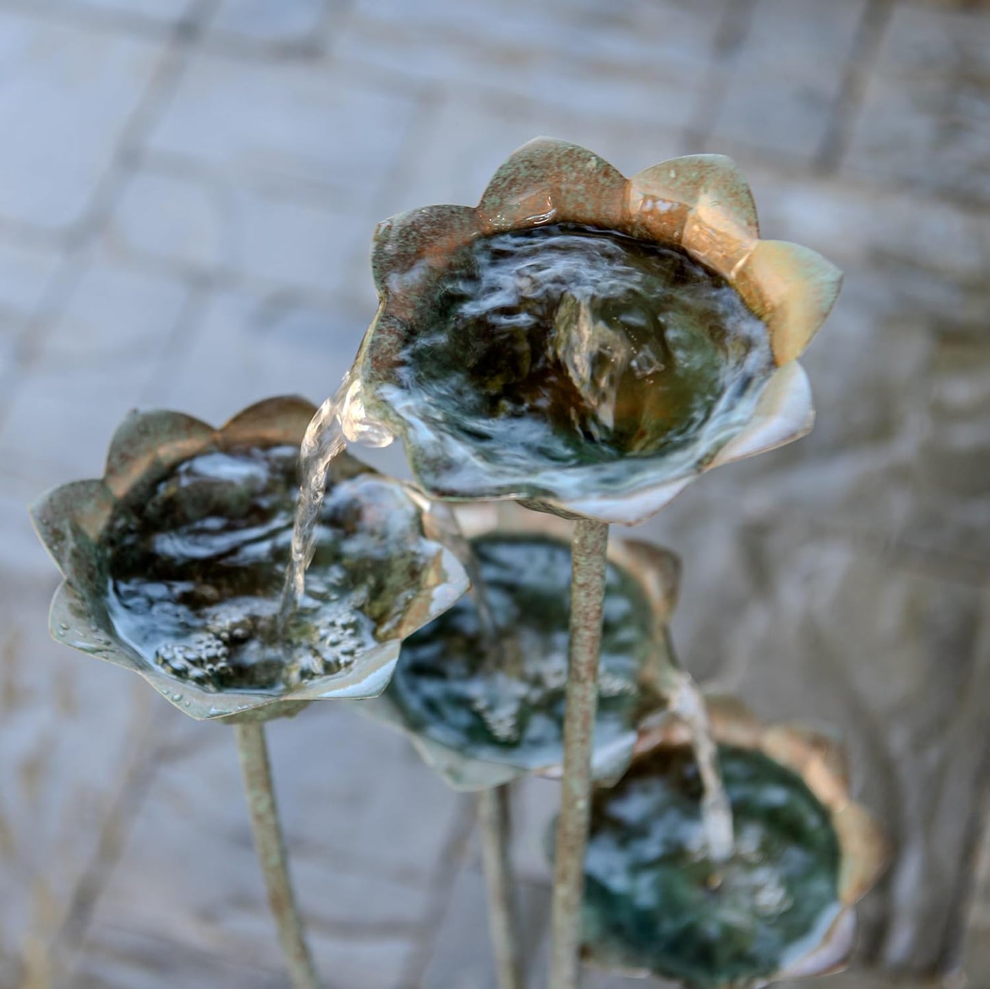 XBrand Sculptural Freestanding Metal Multi-Tiered Water Fountain w/Flowers, No LED Lights, Silver, 35" Tall