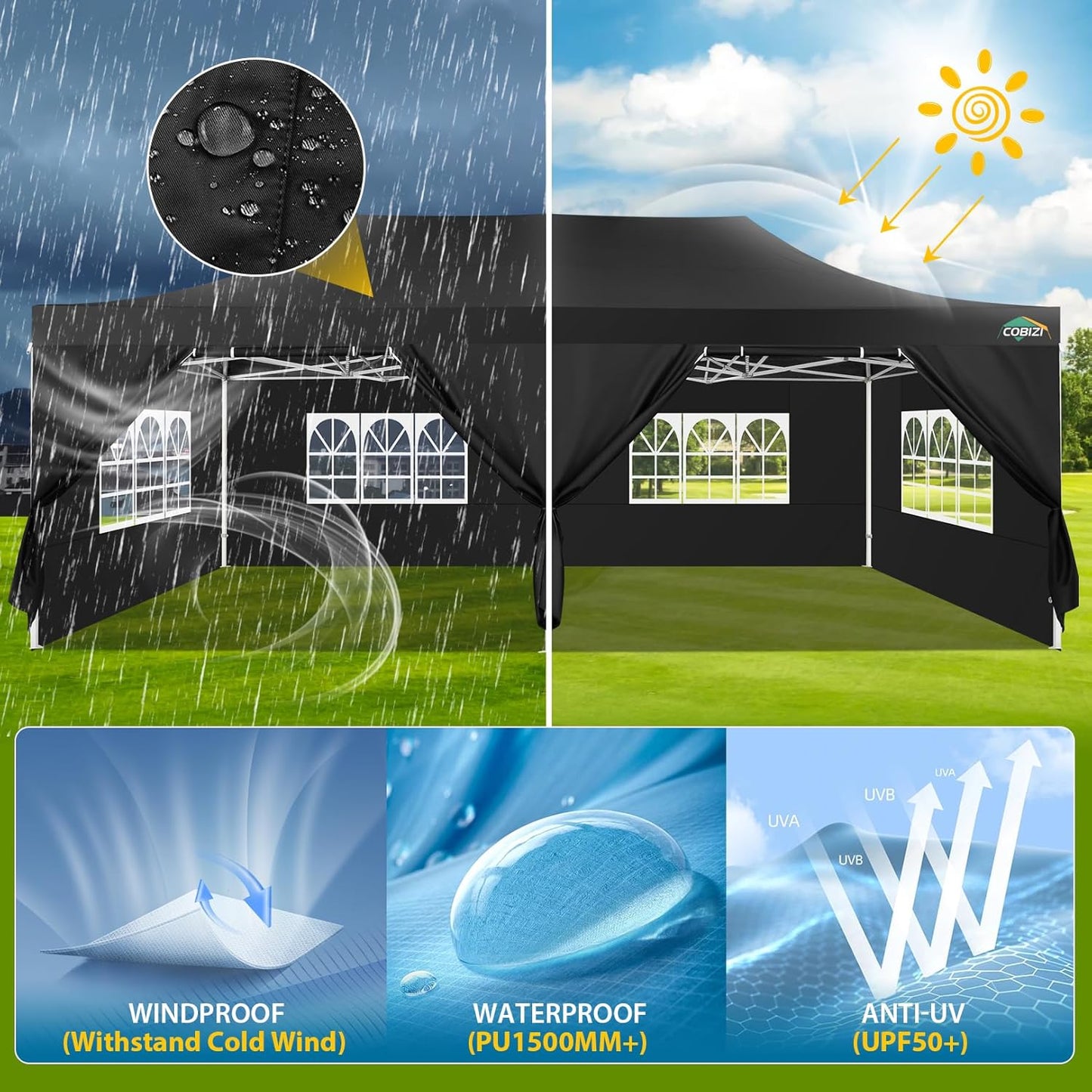 COBIZI 13x26 Pop Up Tent Heavy Duty Canopy with Removable Sidewalls Party Tent Outdoor Wedding Large Event Tent with Roller Bag for Garden Lawn Waterproof UPF 50+ Easy Up, Black (Framework Upgraded)