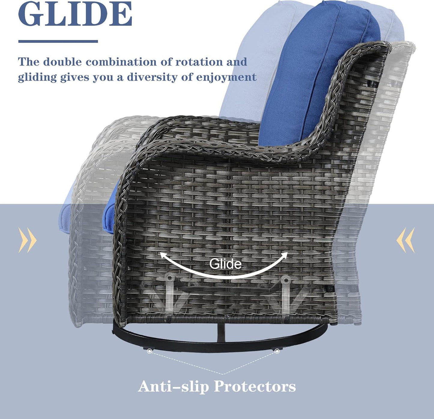 5 Pieces Patio Wicker Furniture Set - 4 Outdoor Swivel Rocker Glider Chairs with 50000BTU Propane Fire Pit Table, Warm Patio Conversation Set Blue Cushion Perfect for Casual Gathering