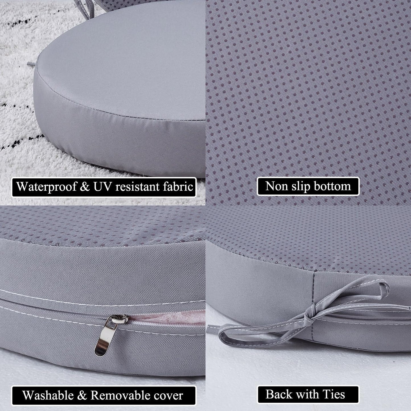 15 x 15 Inch Round Cushions for Outdoor Furniture Non-Slip Waterproof Patio Bistro Chair Cushion with Ties Bar Stool Seat Cushion for Kitchen Chairs Set of 4, Light Gray