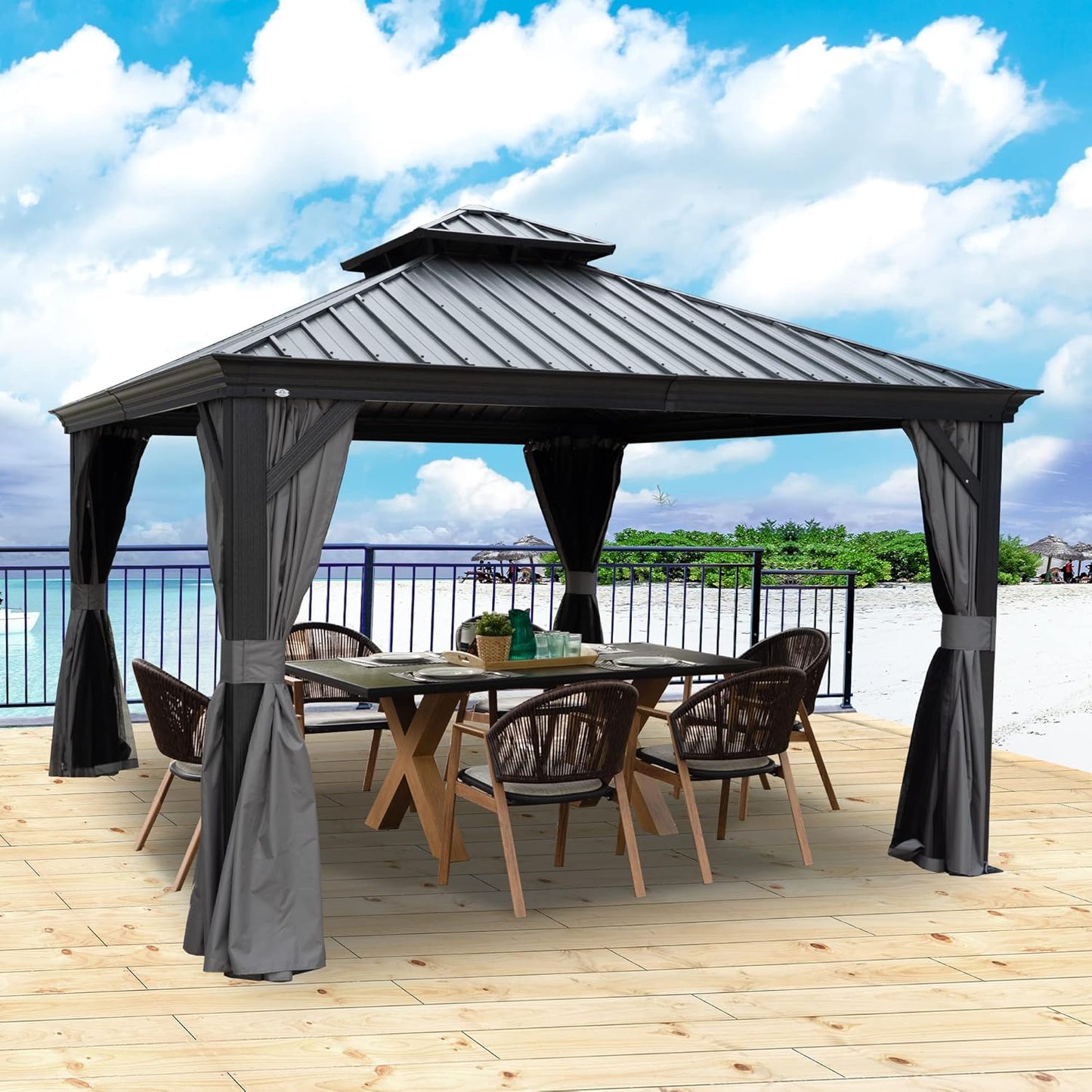 Kozyard Alexander 12' X 12' Aluminum Hardtop Gazebo with Galvanized Steel Double Roof Canopy, Curtain and Netting, Permanent Gazebo Pavilion for Patio, Backyard, Deck, Lawn (Gray)