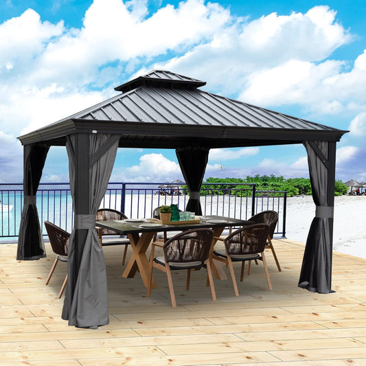 Kozyard Alexander 12' X 12' Aluminum Hardtop Gazebo with Galvanized Steel Double Roof Canopy, Curtain and Netting, Permanent Gazebo Pavilion for Patio, Backyard, Deck, Lawn (Gray)