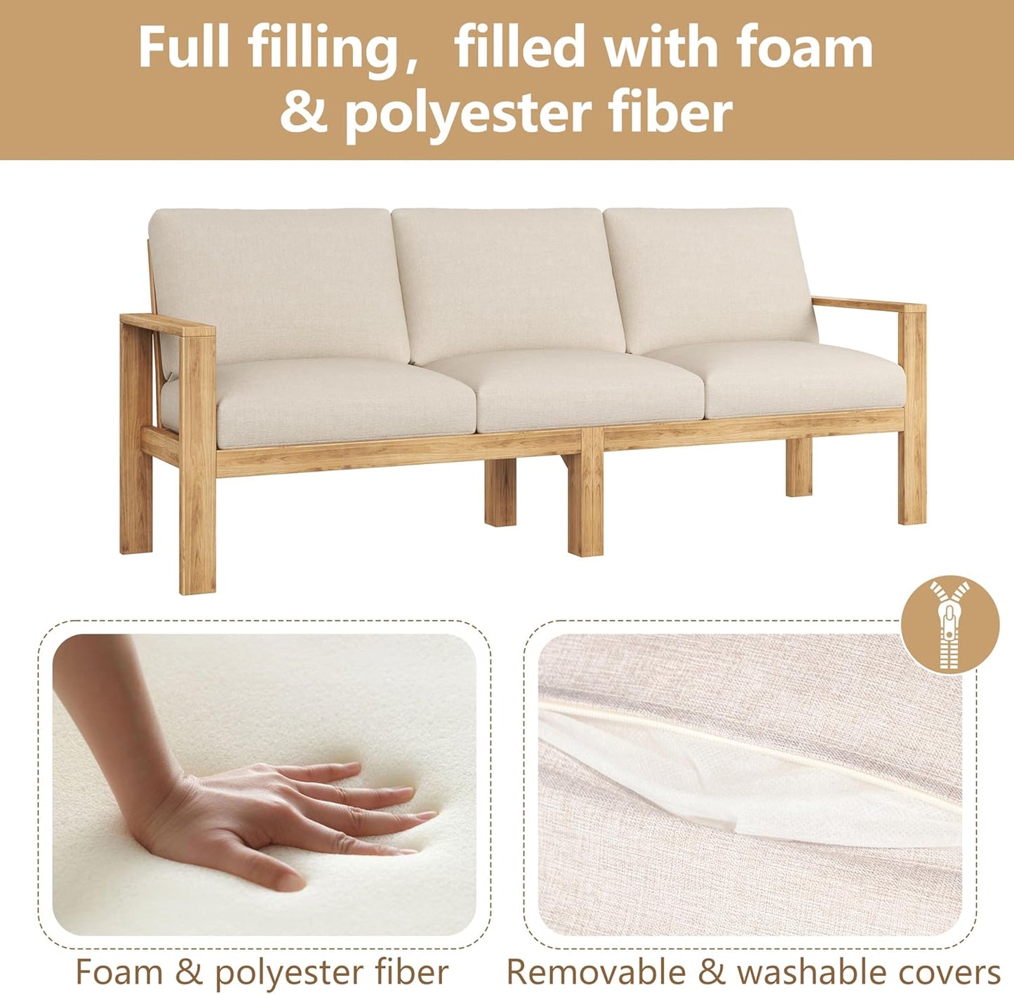 Outdoor 5 Pieces Sectional Patio Sofa Set, Acacia Wood Conversation Set with Coffee Table, Ottoman and 2 Chairs for Backyard Porch Garden Balcony