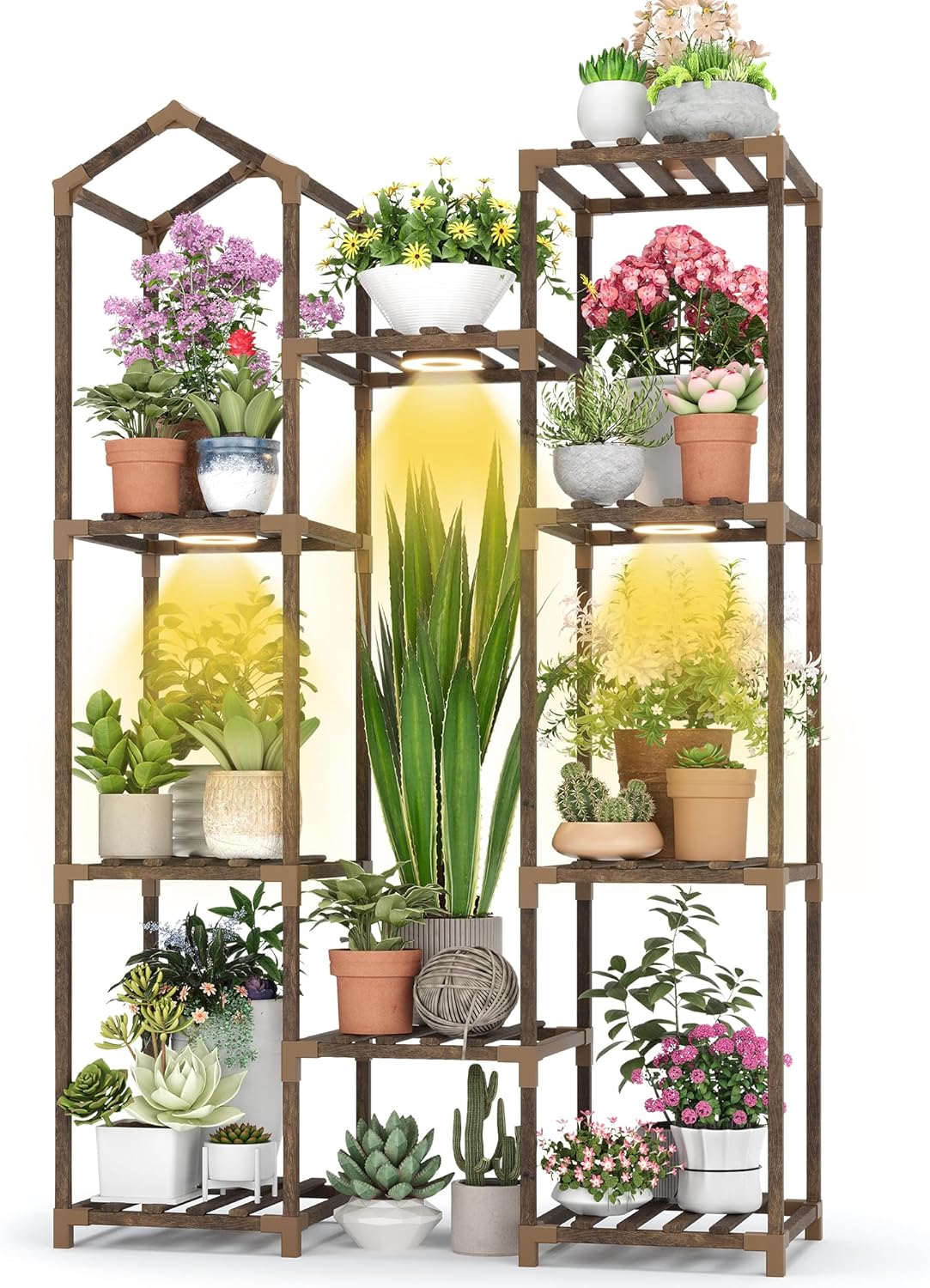 Wooden Plant Stand with Grow Light, 4-Tier Indoor Ladder Shelf with Roof Design, Carbonized Wood Rack for Balcony, Corner, or Living Room, Space-Saving Decorative Holder